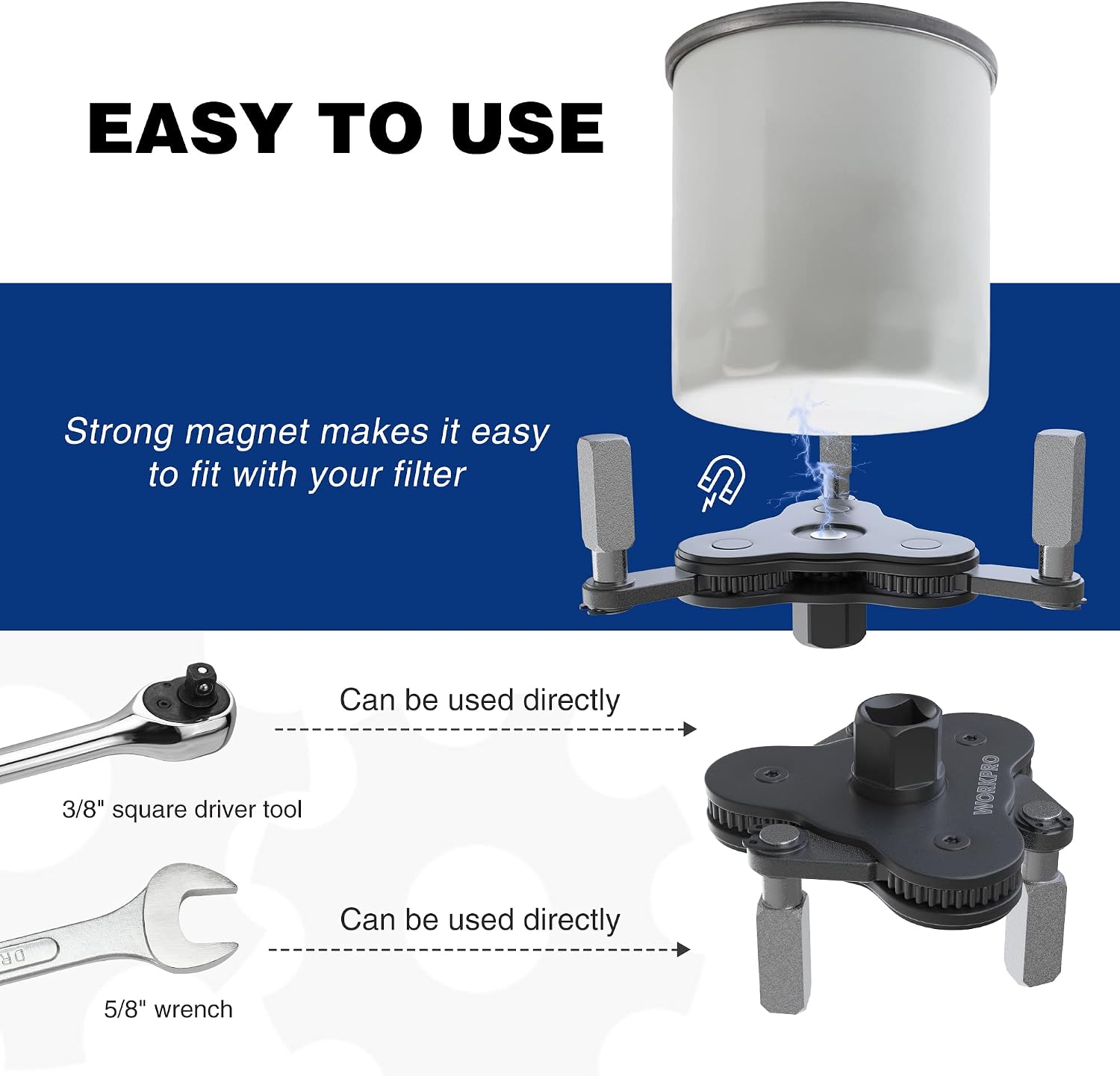 Universal oil filter wrench kit with magnetic base and four extender legs, dark gray