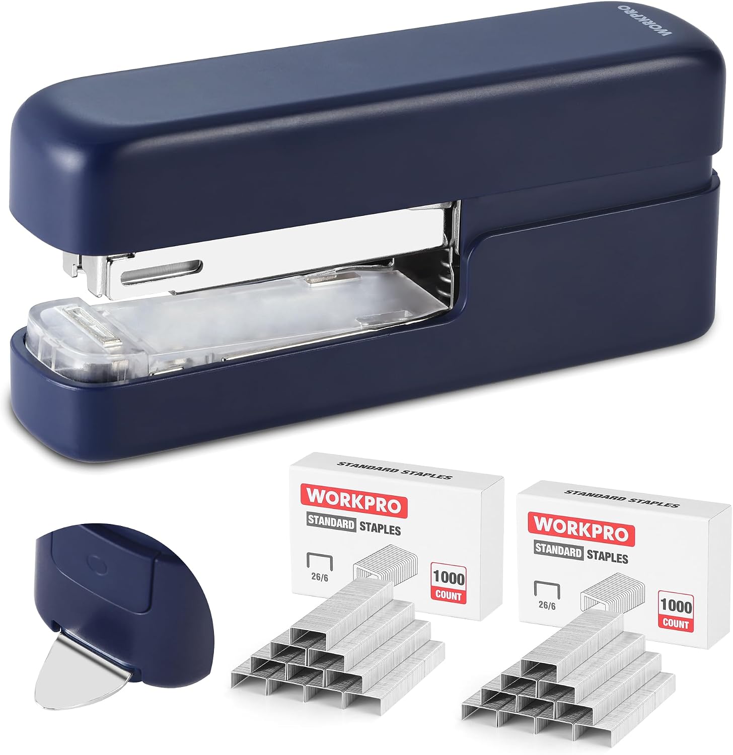 WORKPRO 2 in 1 stapler with staples, blue plastic housing, rear push button storage compartment, secure innovation