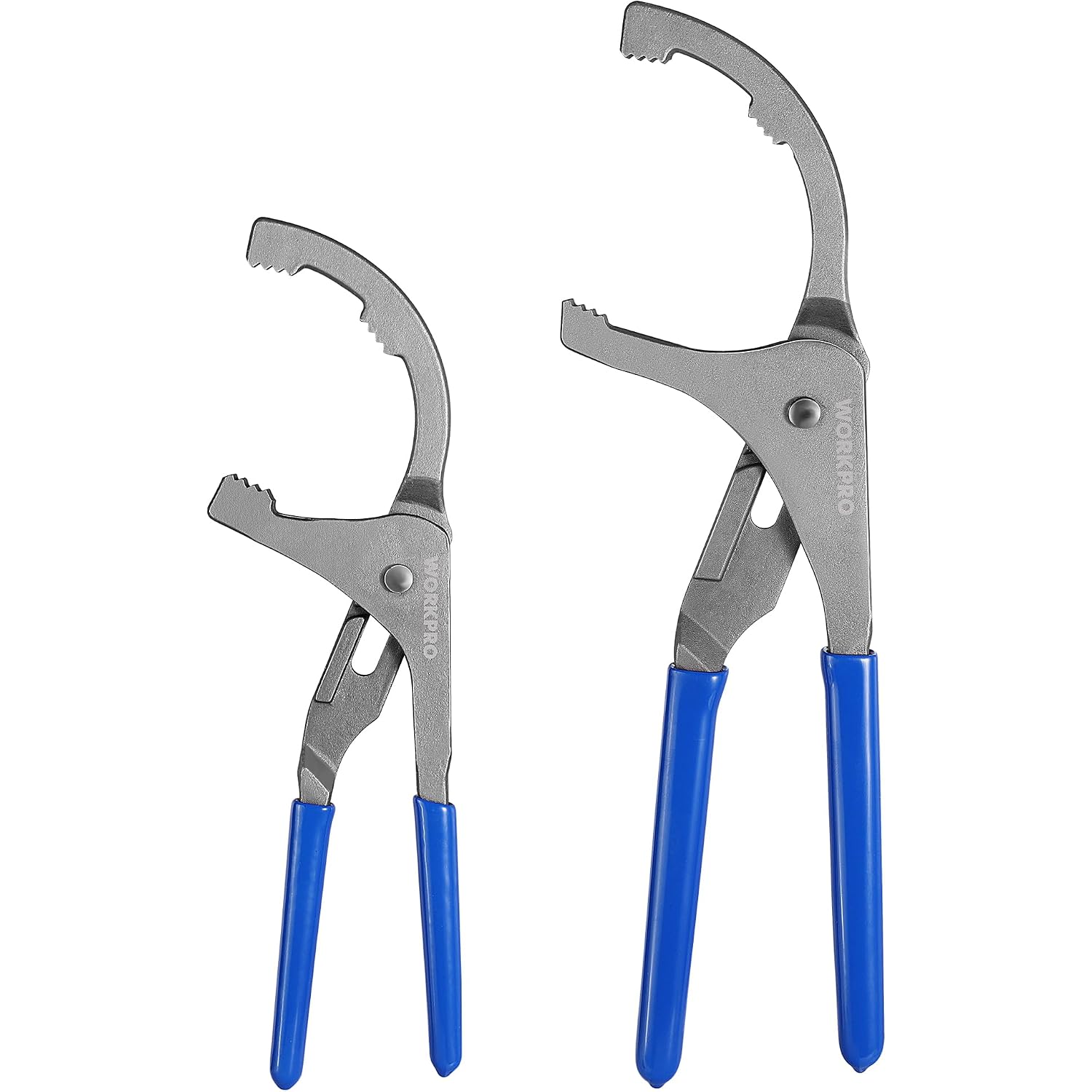 Oil filter wrench pliers set with curved slip-joint jaws and blue non-slip handles