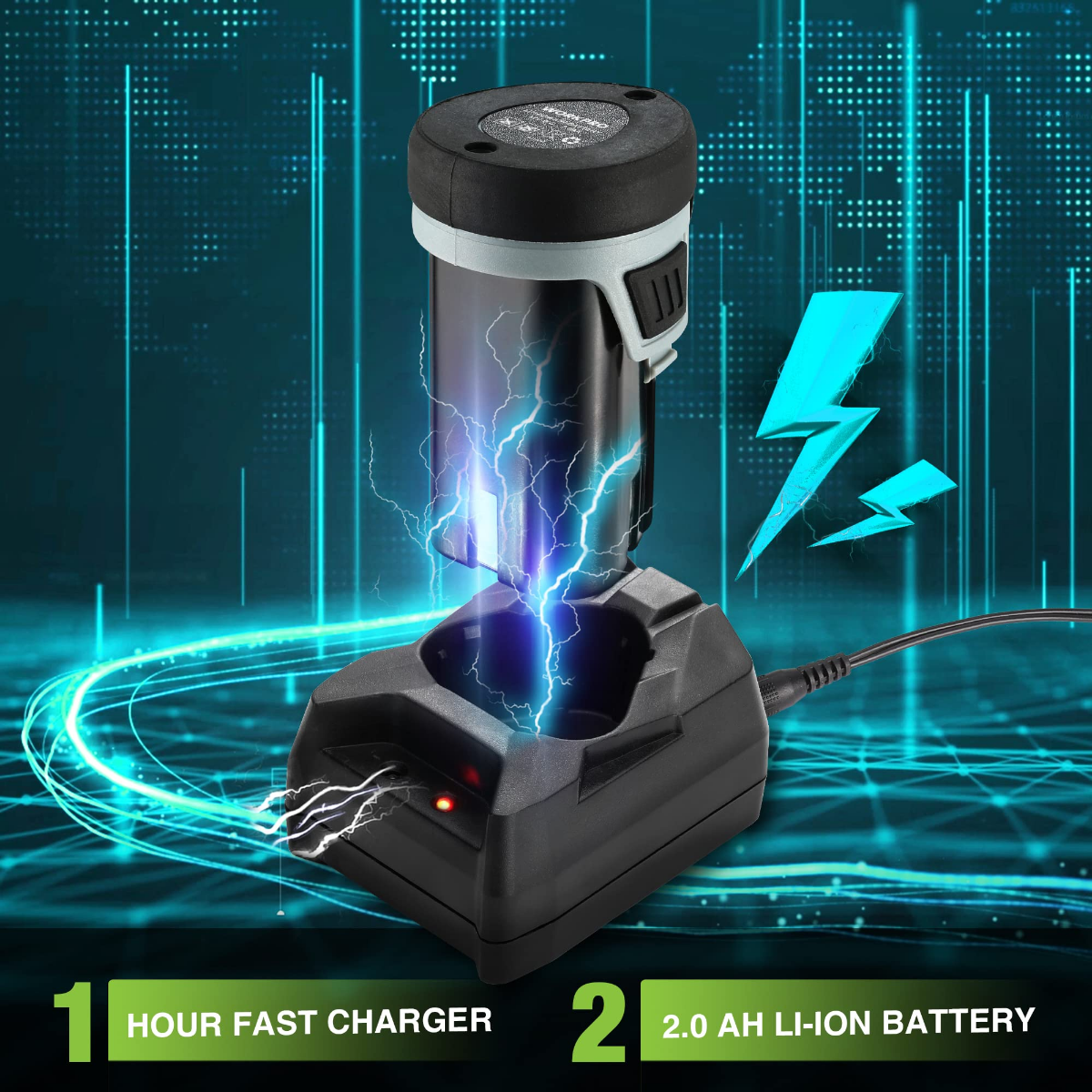 Fast charger dock and lithium-ion battery pack with charging indicator; black design