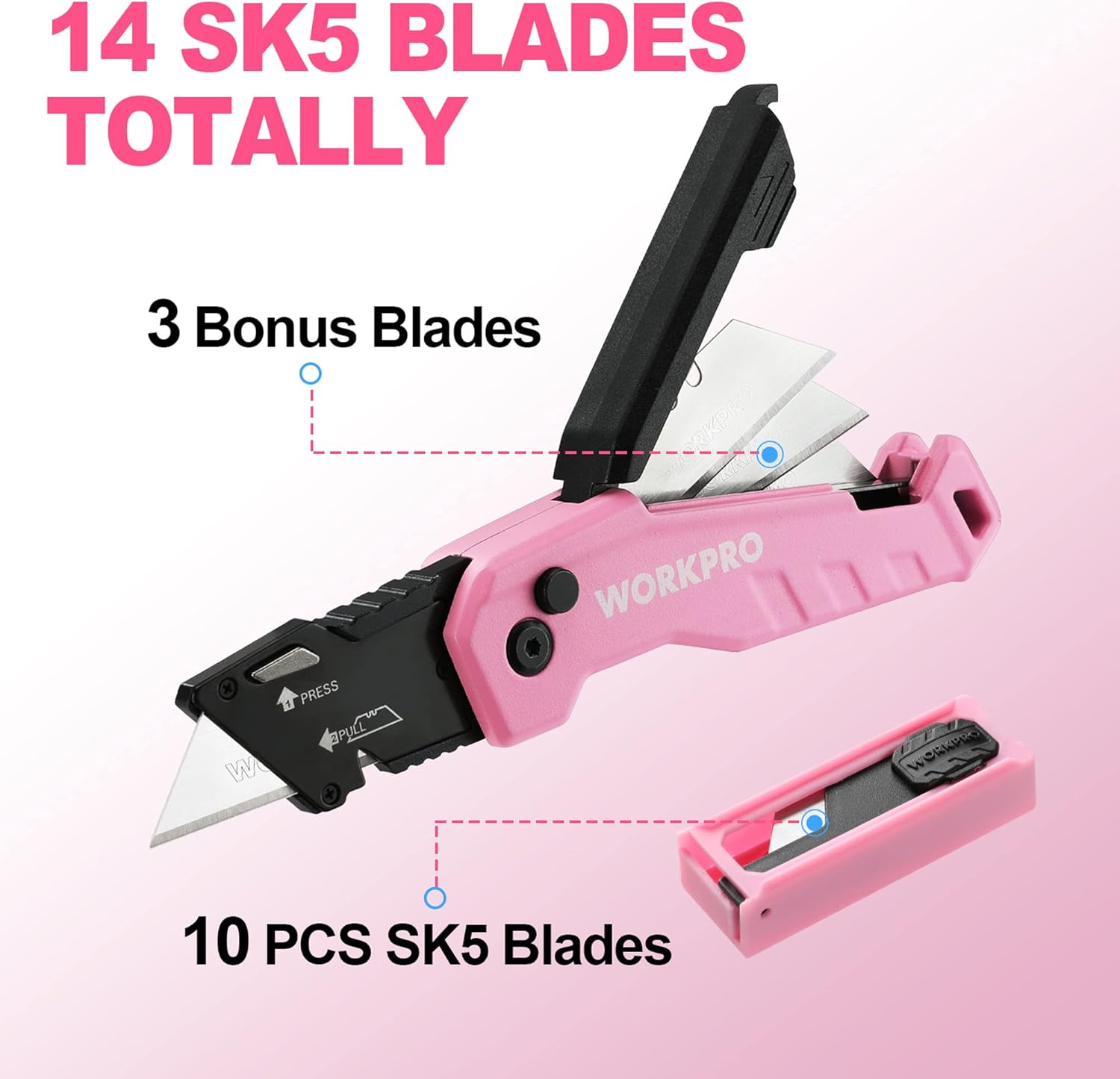 WORKPRO Folding Utility Knife, Quick Change Box Cutte 13 Extra Blades Included - Pink Ribbon