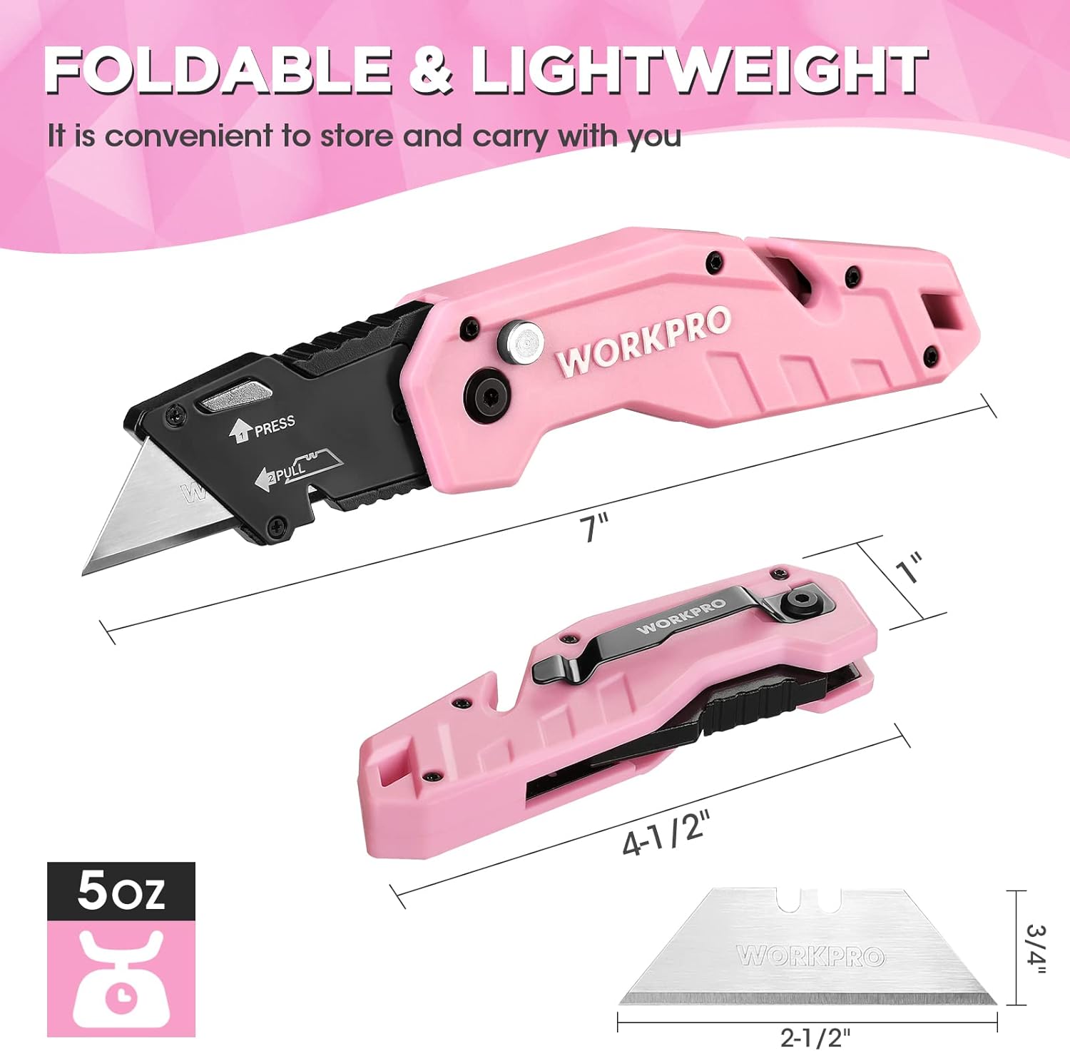 Pink and black folding utility knife with SK5 blade and blade storage slot