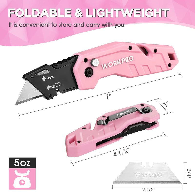 WORKPRO Folding Utility Knife with 10 Extra Blades - Pink Ribbon