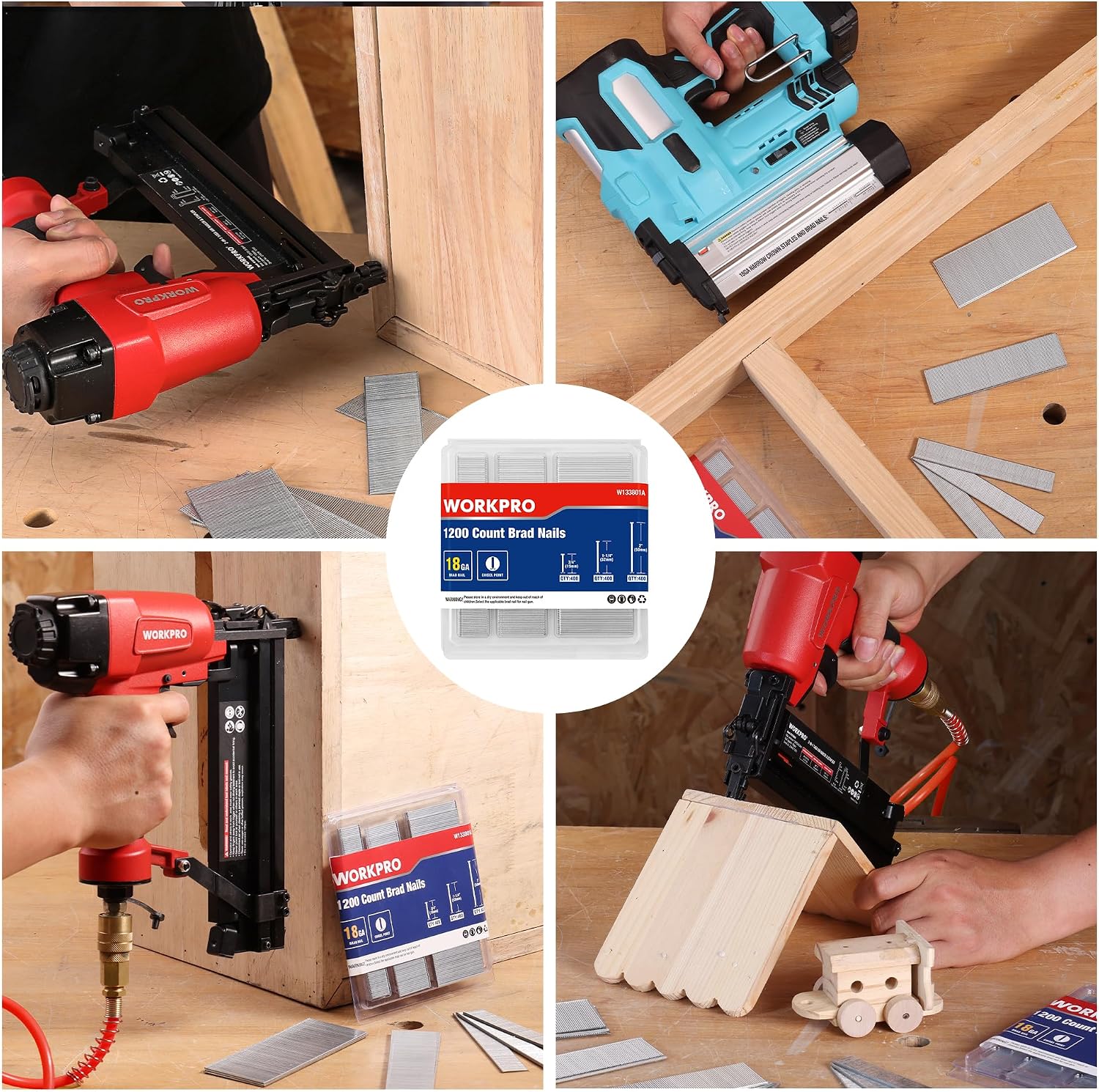 WORKPRO 1200-count 18-gauge brad nails with multiple strip lengths and nail gun uses