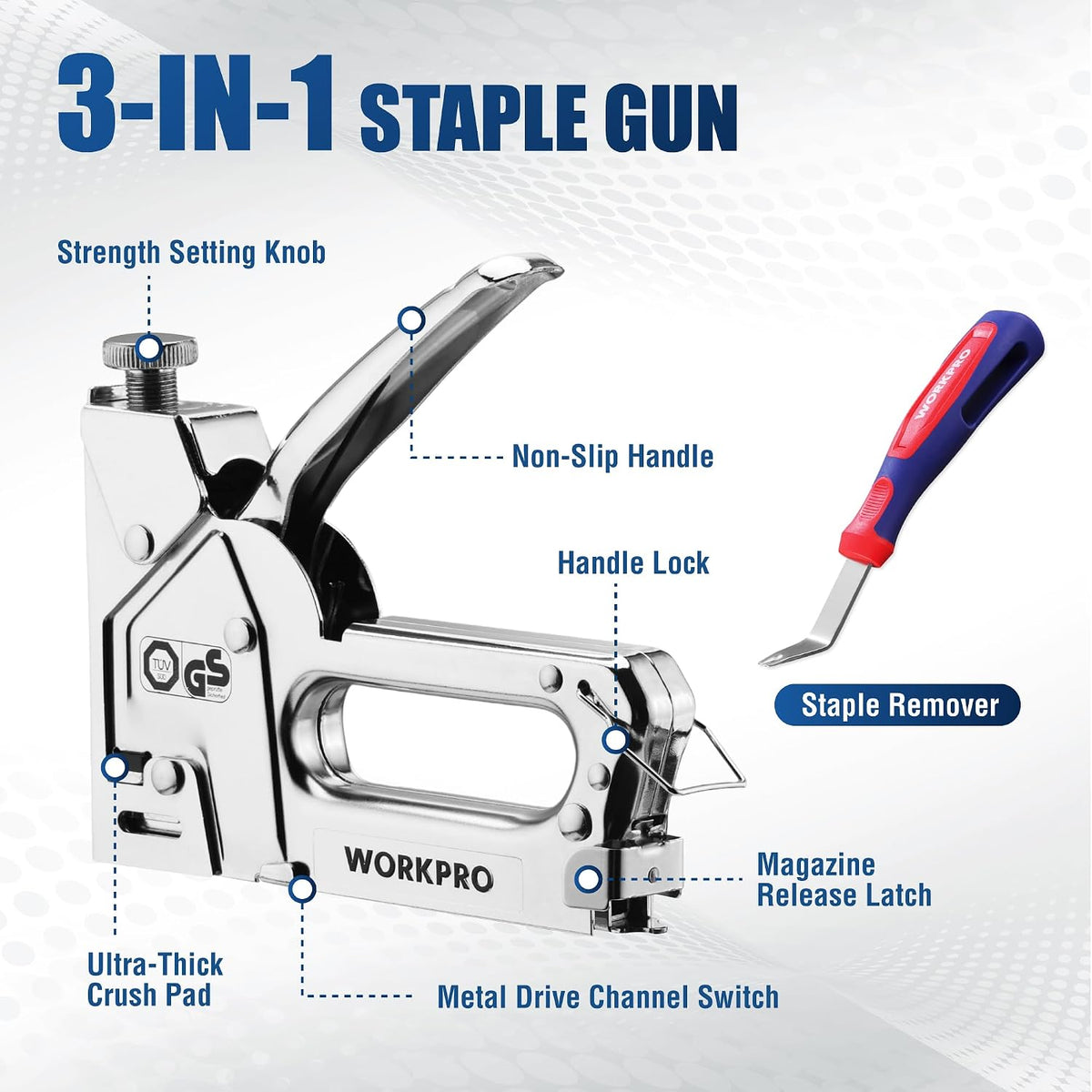 3-in-1 manual staple gun with non-slip handle, magazine latch, and staple remover