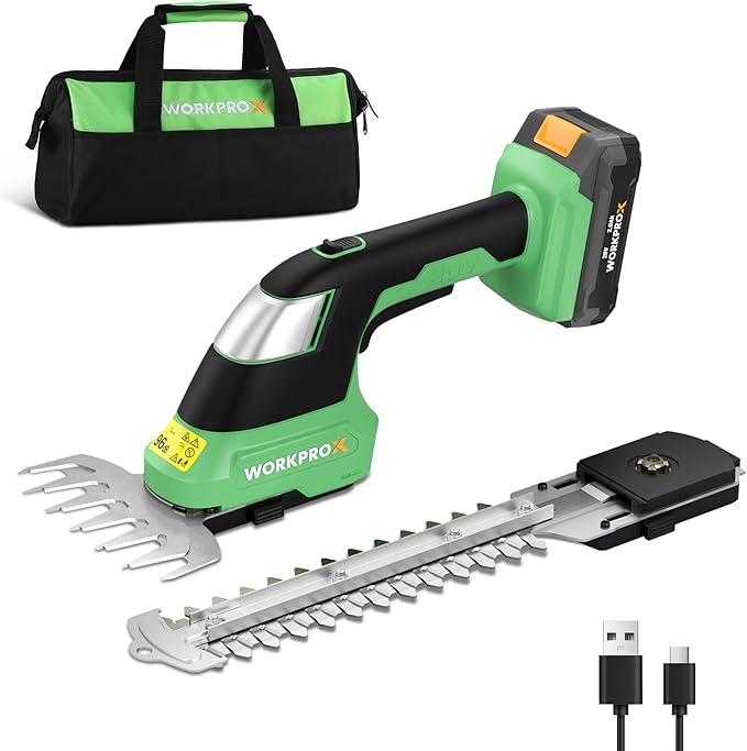 WORKPROX 20V Cordless Grass Shear & Shrubbery Trimmer - 2-in-1 Handheld Electric Grass Trimmer Hedge Shears/Grass Cutter, Rechargeable Lithium-Ion