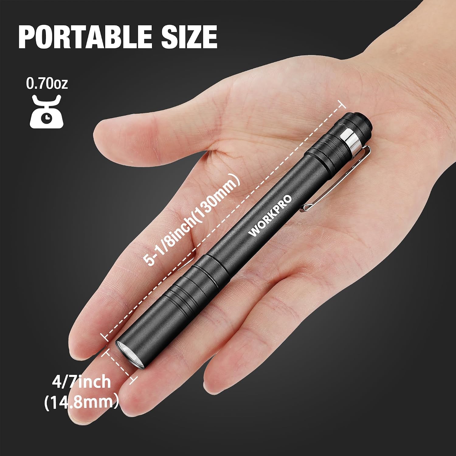 Black LED pen flashlight compact size shown in an open hand