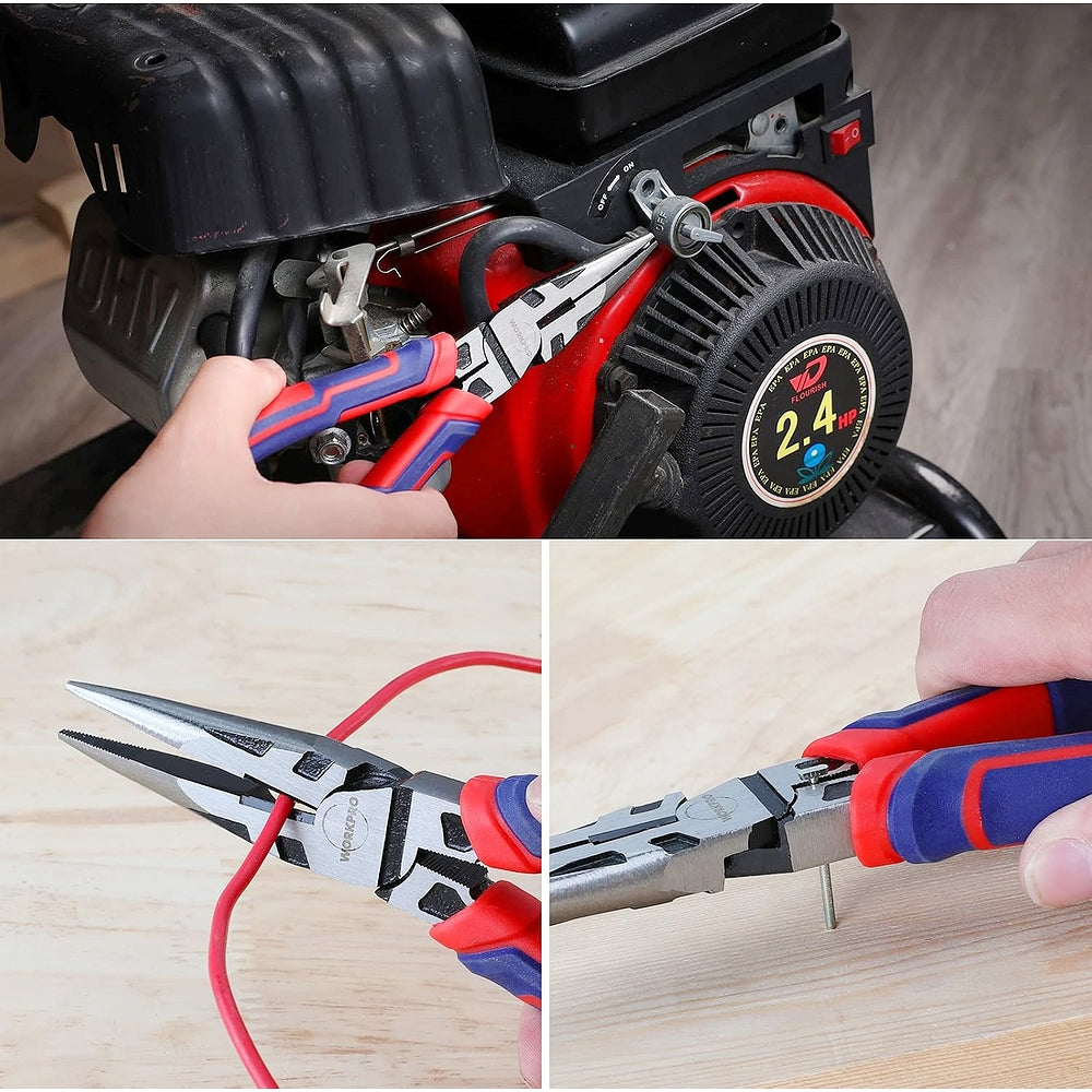 Long-nose pliers cutting and gripping wire; red/blue handles with precision jaws