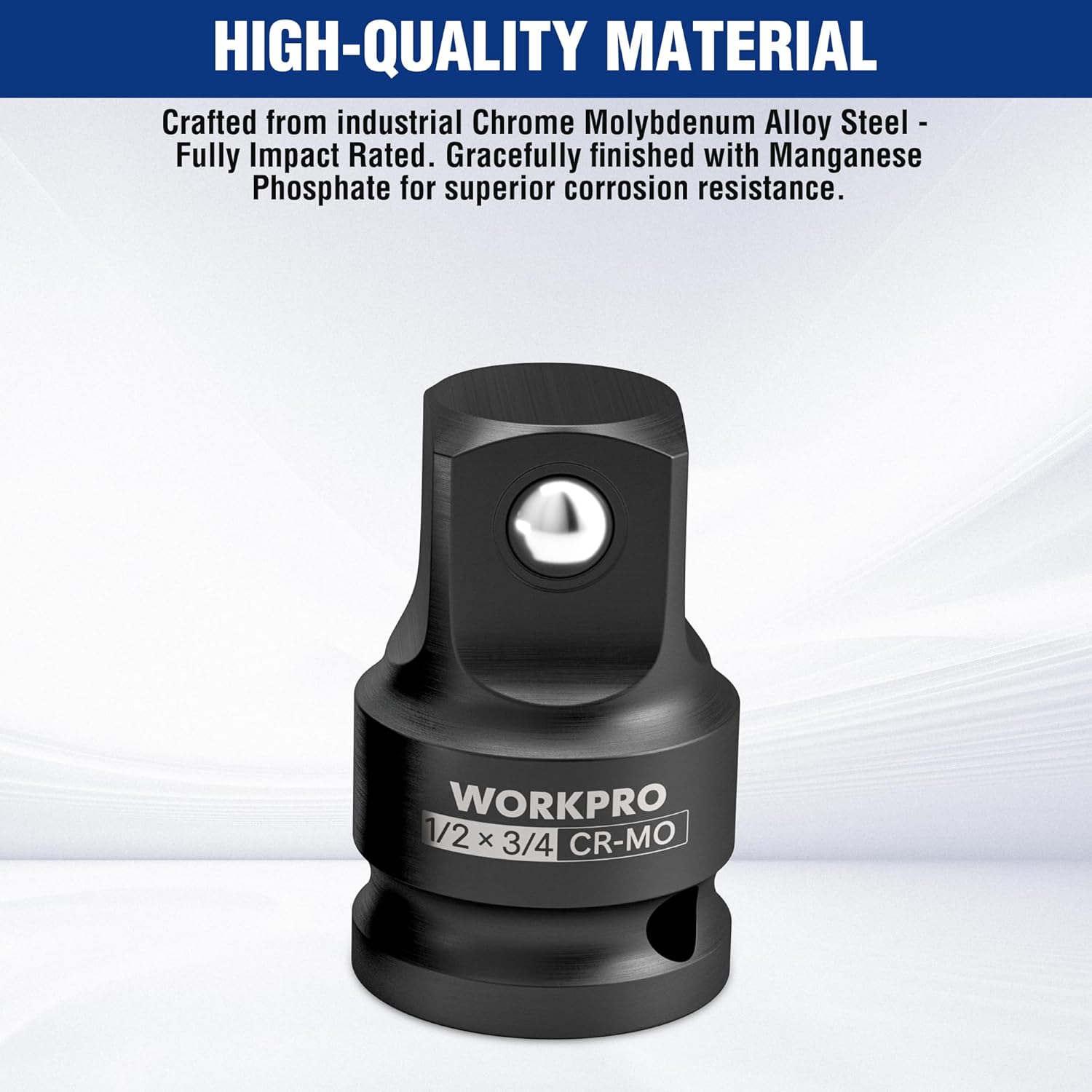 WORKPRO impact socket adapter, CR-Mo steel, 1/2 in x 3/4 in, hex-square opening