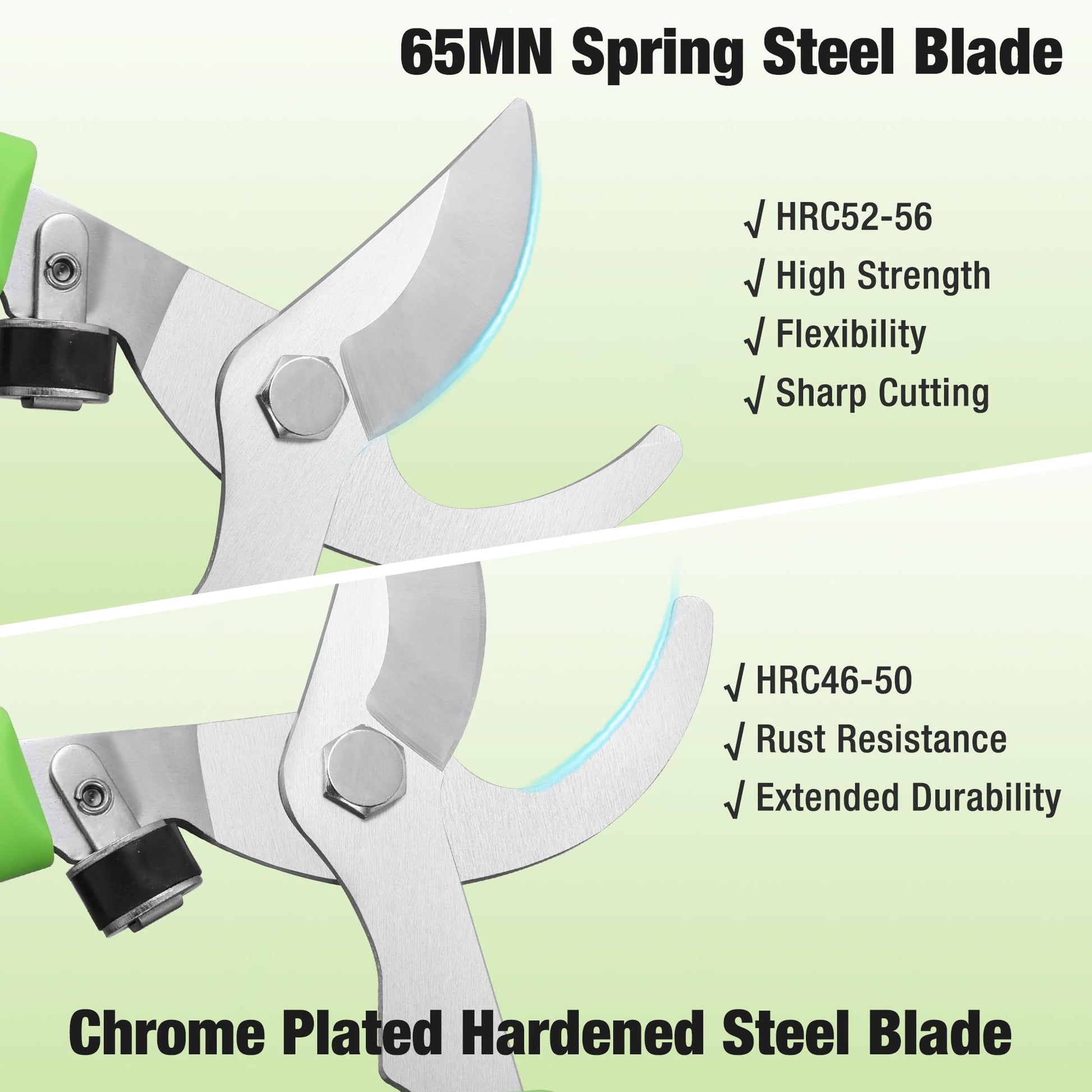 Chrome-plated hardened steel blade close-up on bypass lopper, green handle grips