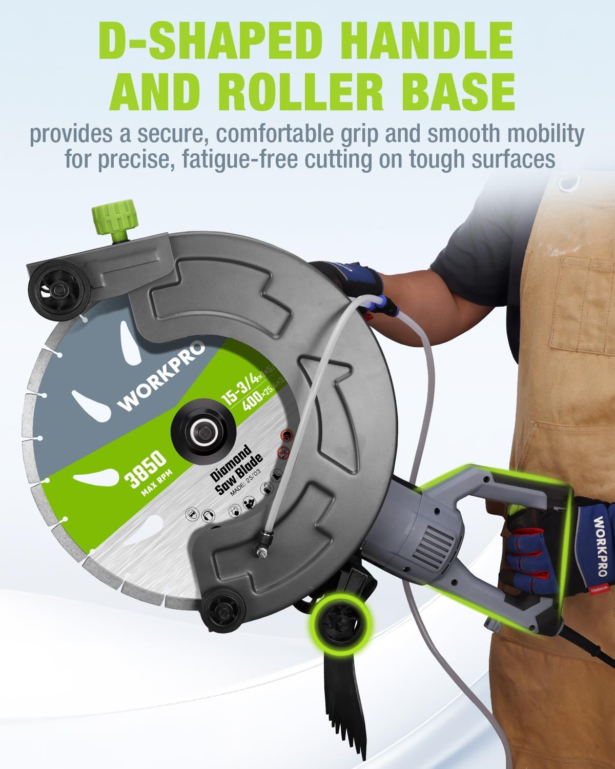 Wet concrete saw with D-shaped handle and roller base for stable, precise cutting