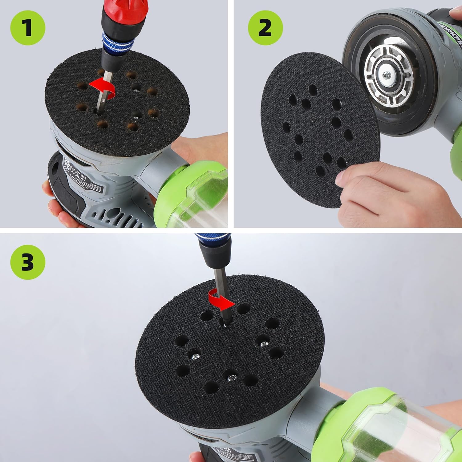 Black sanding backing pad with dust holes mounted on a random orbit sander