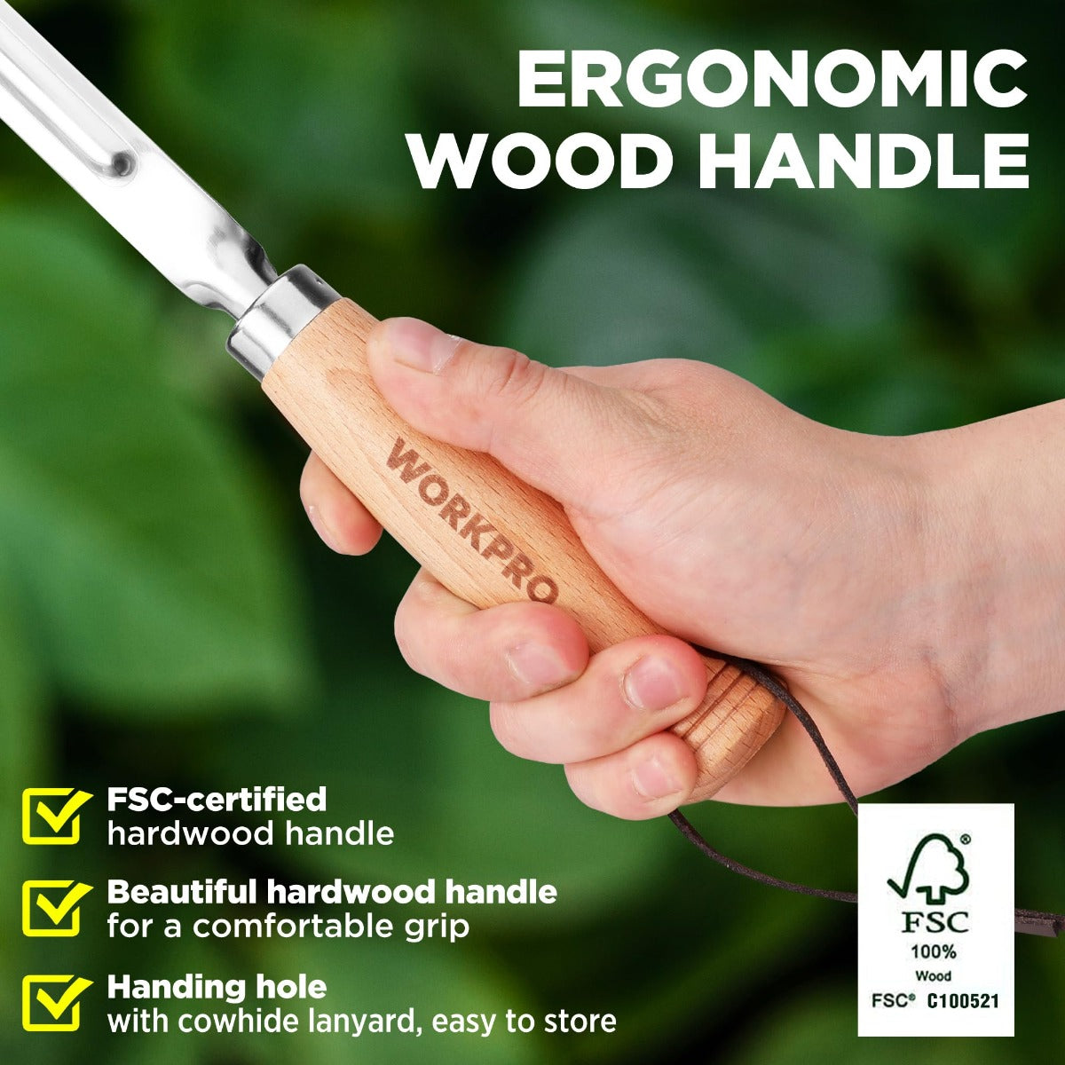 WORKPRO ergonomic wooden handle with lanyard for weeder puller tool