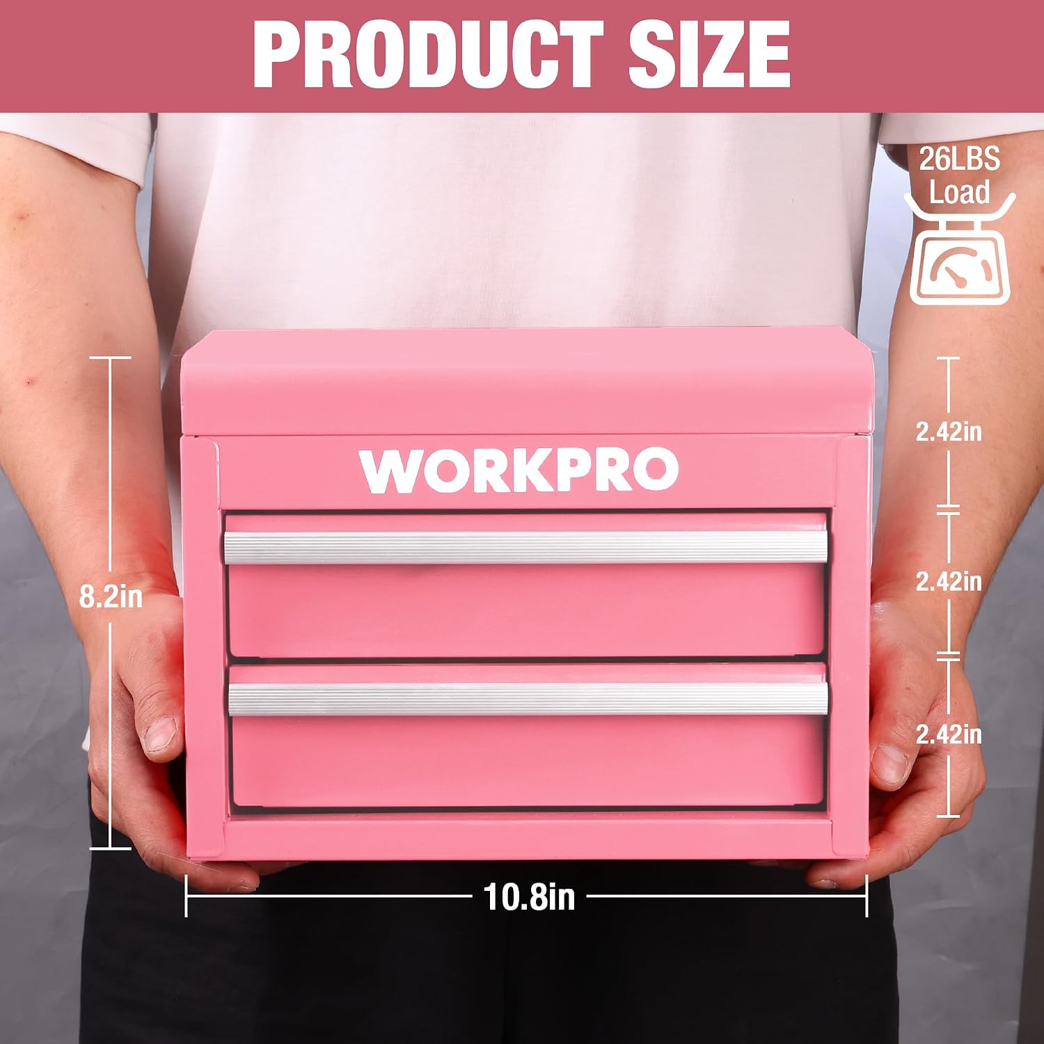 WORKPRO Mini Metal Tool Box with 2 Drawers and Top Storage, Small Tool Chest, Pink (upgraded with Ball Bearing Slides) - Pink Ribbon
