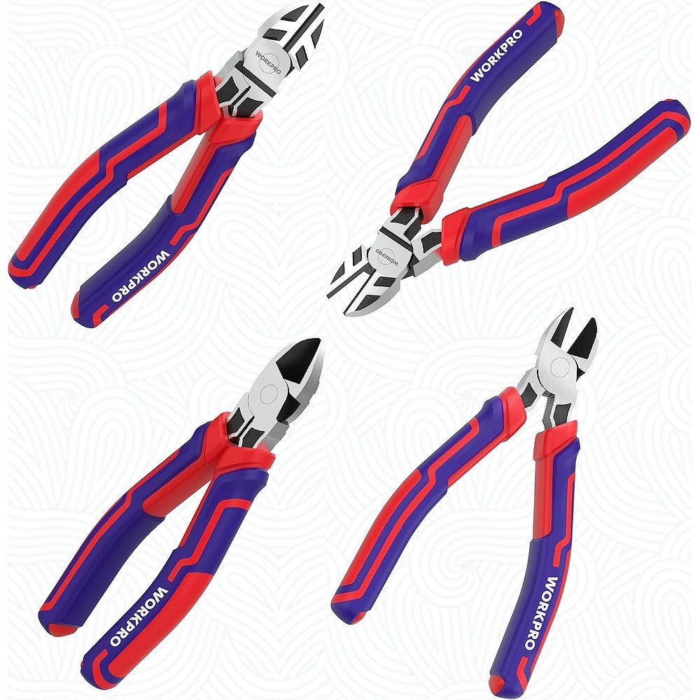 Diagonal wire cutters with red and blue handles, multiple angles of side cutters