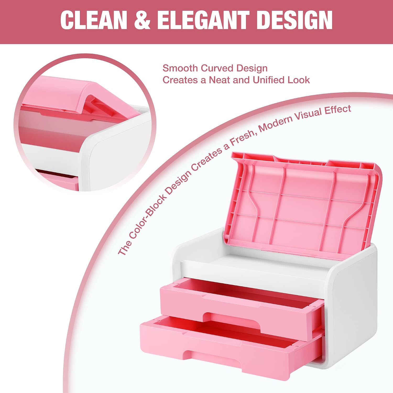 Pink and white desktop drawer organizer with curved design, flip-top lid, and drawers