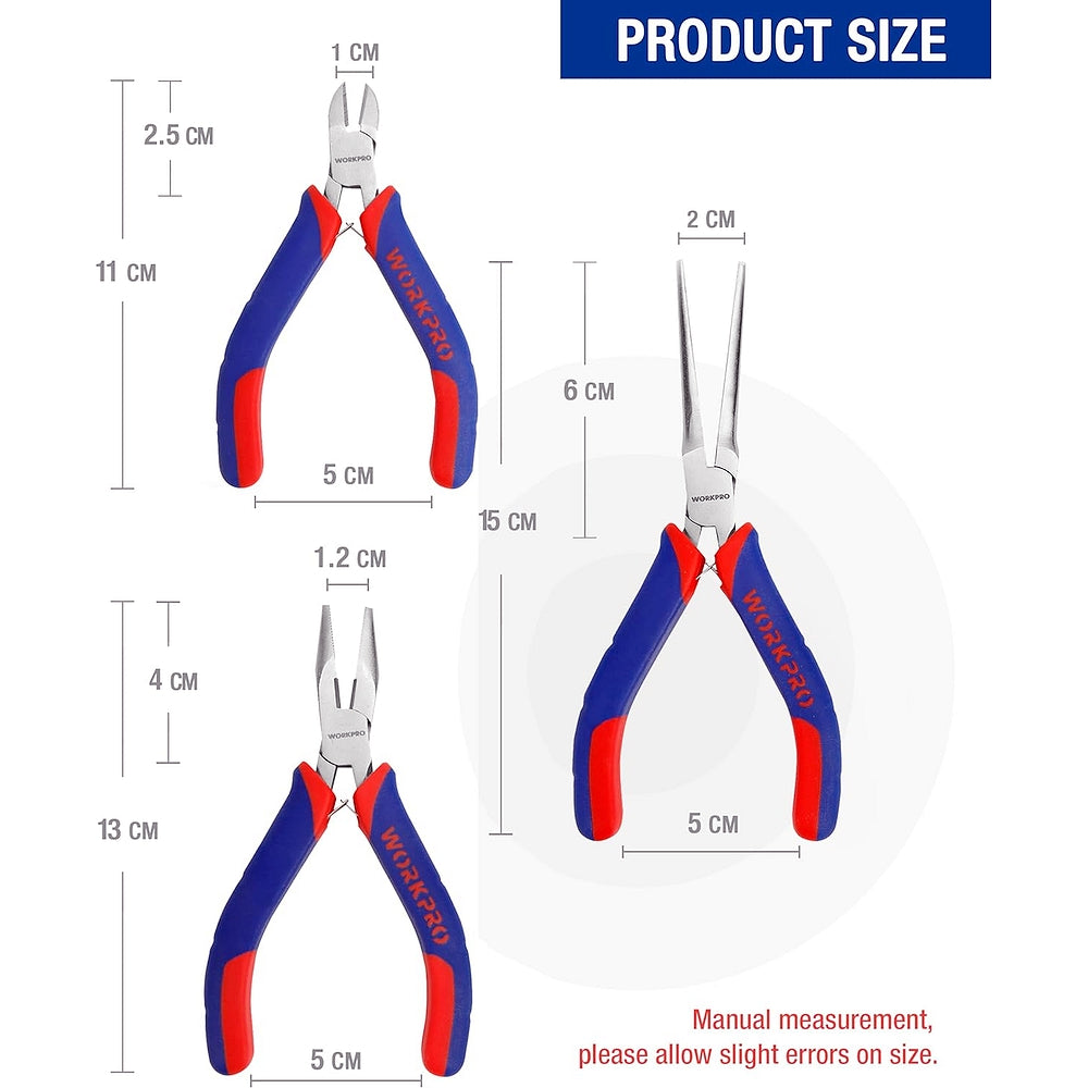 WORKPRO mini pliers size chart with blue-and-red diagonal and needle nose tools