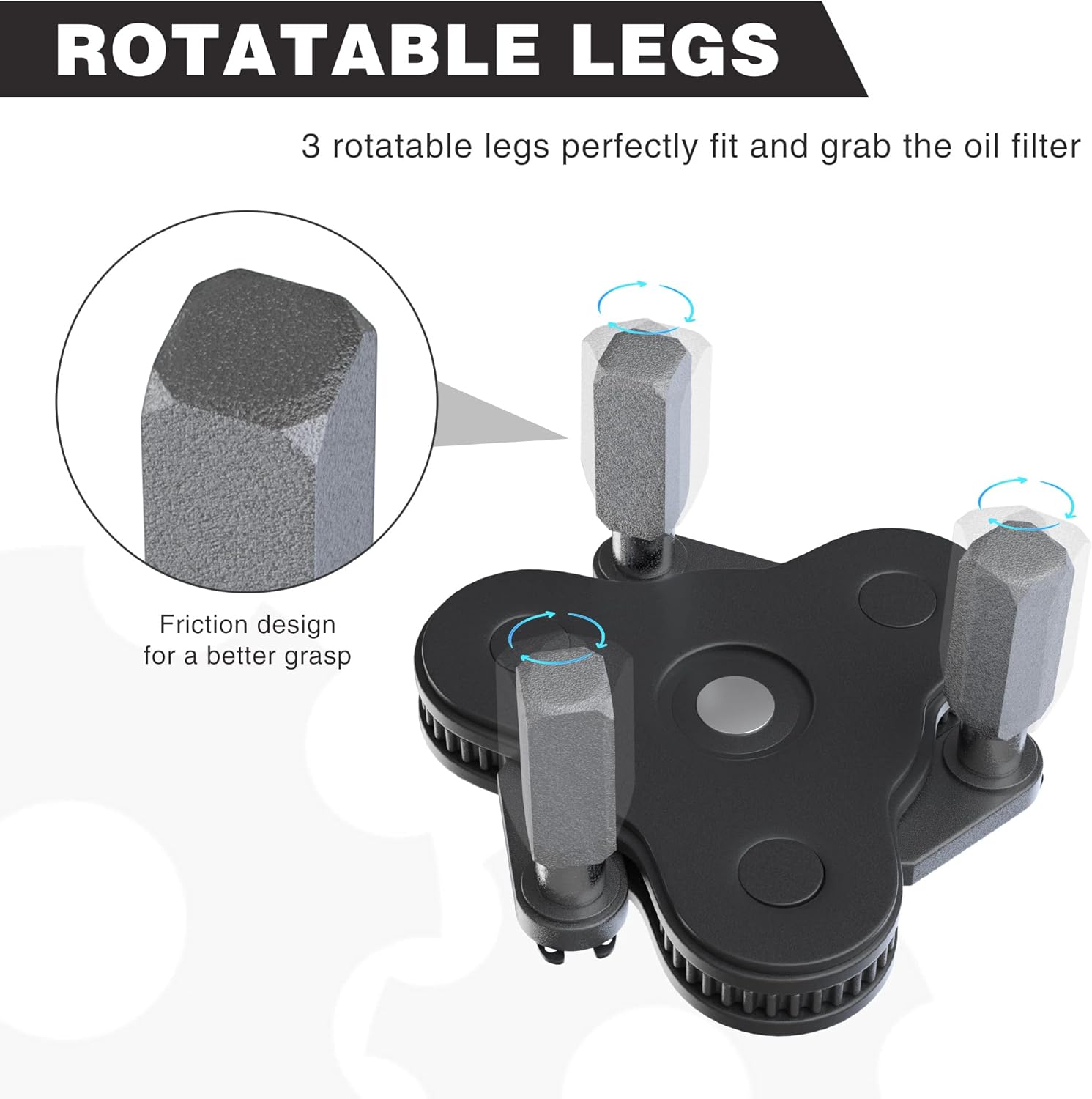 Universal oil filter wrench with rotating legs and rubber-grip style ridges, dark gray