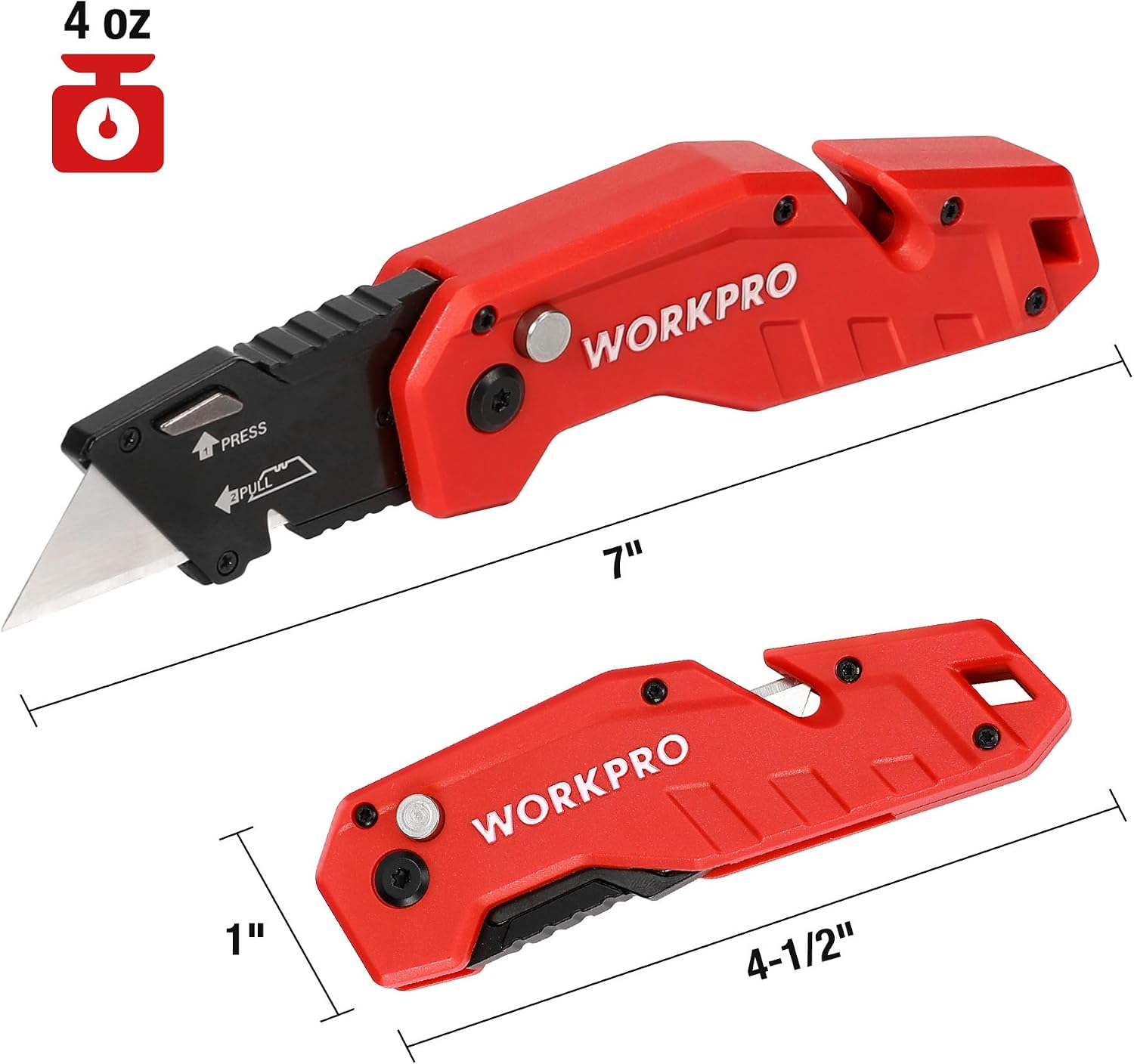 WORKPRO Folding Utility Knife Lightweight Nylon Handle Utility Cutter with 10-piece Extra Blades, Red