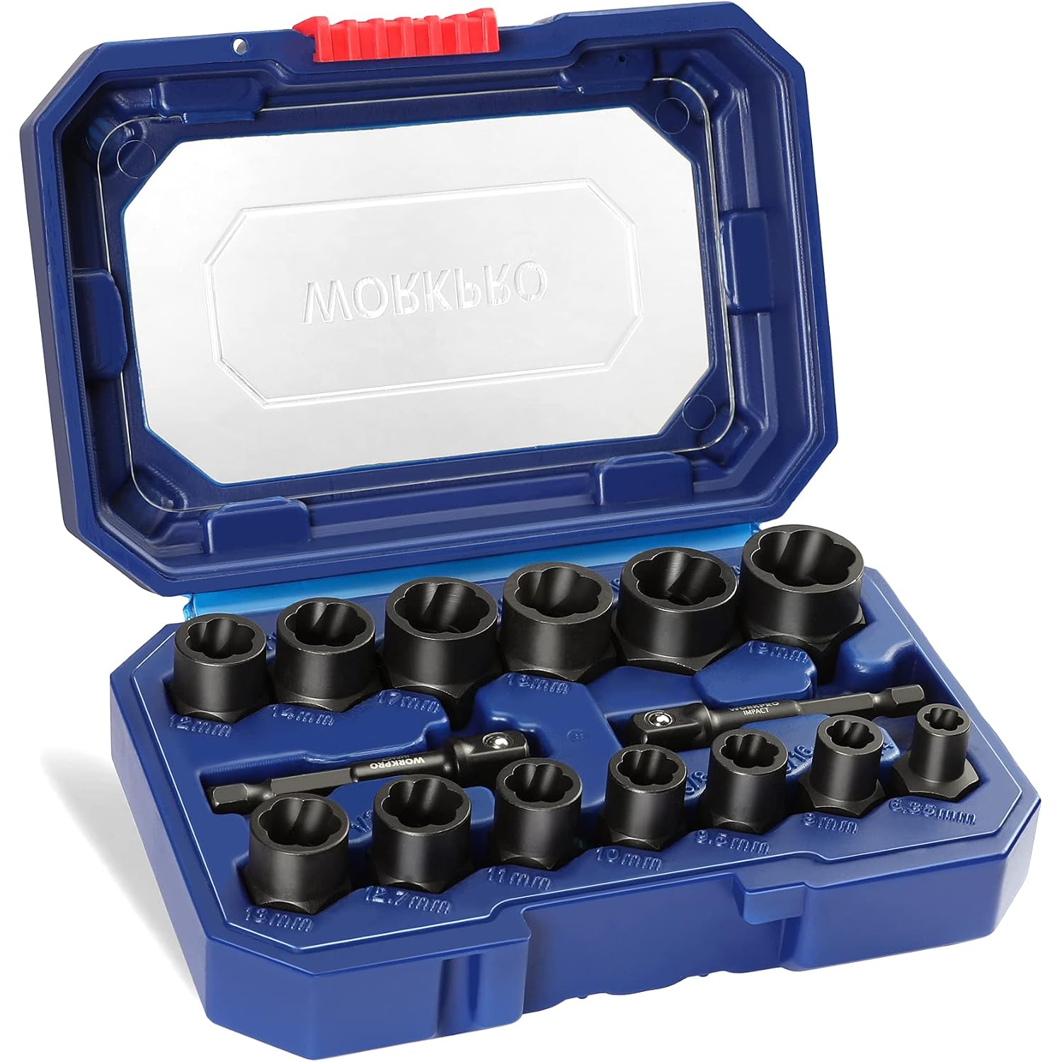 WORKPRO blue storage case holding assorted black impact sockets and adapters