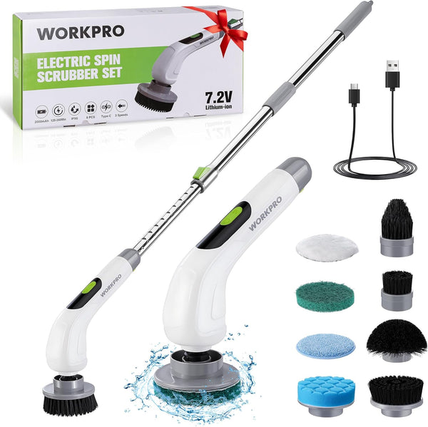 WORKPRO Cordless Electric Spin Scrubber with Long Adjustable Handle & 3-Speed, 8 Replaceable Brush Heads