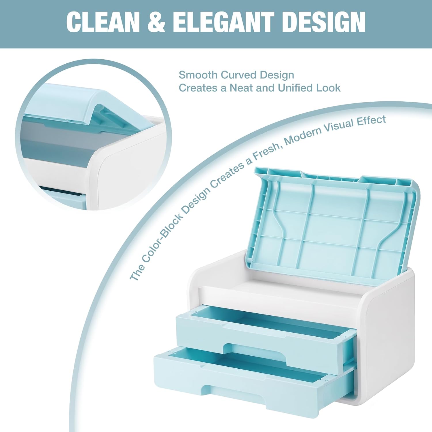 Blue and white desktop organizer with flip-top lid and curved smooth design