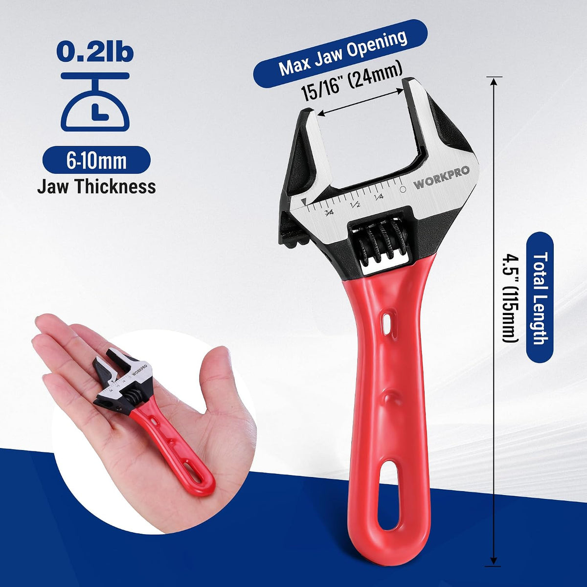 WORKPRO 4" Stubby Adjustable Wrench, 15/16" Extra Wide Jaw Opening