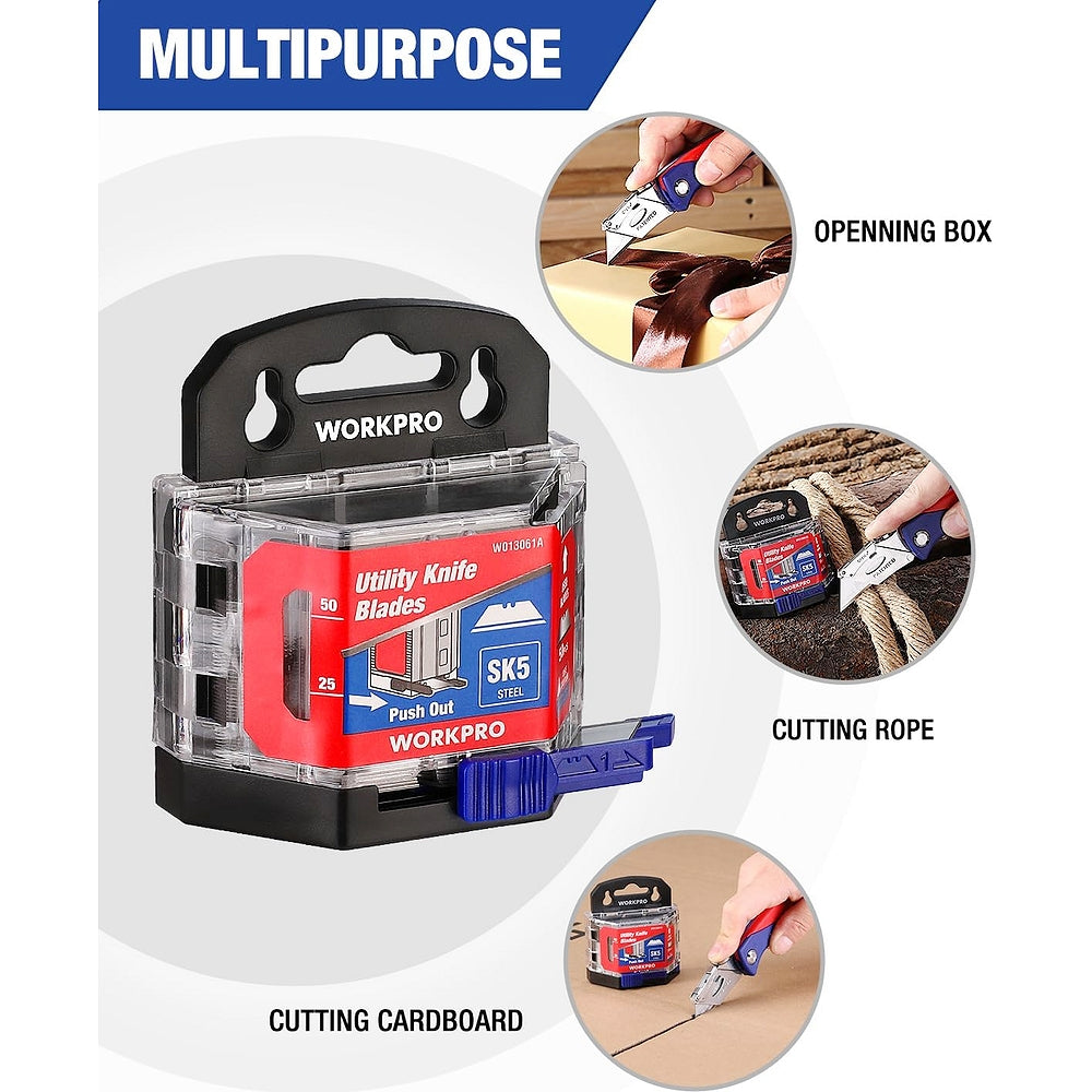 Utility knife blade dispenser for opening boxes, cutting rope and cardboard