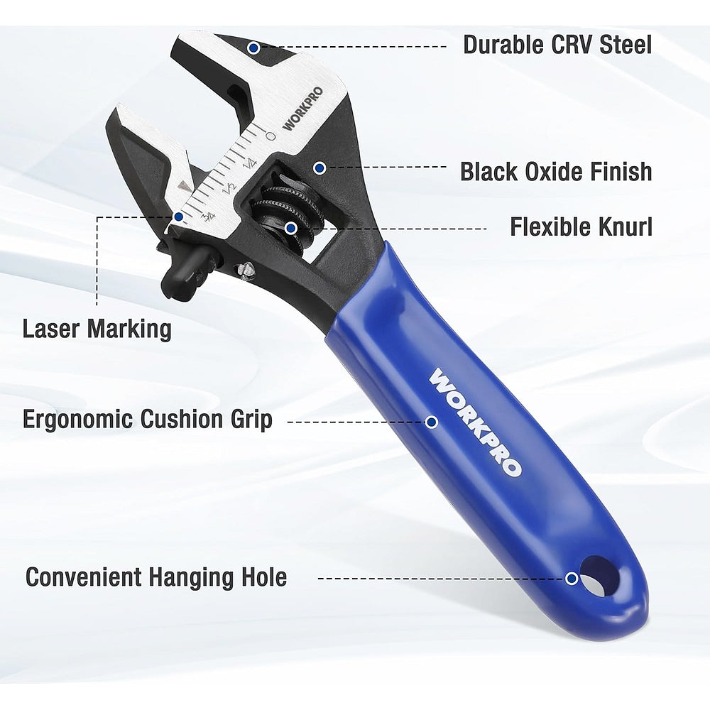 Mini adjustable wrench with durable CR-V steel wide jaws, black oxide finish, knurled grip