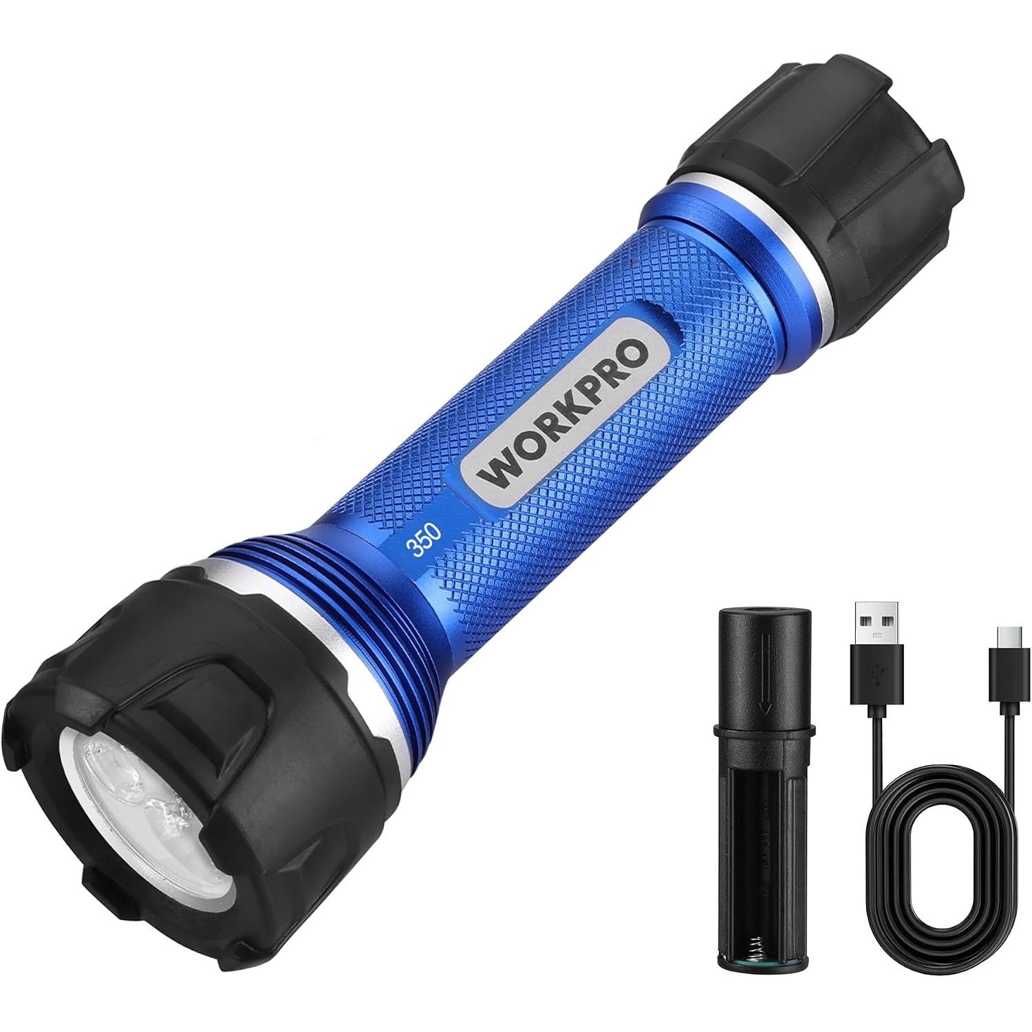 WORKPRO rechargeable flashlight set, blue aluminum light with black head and USB charging cable