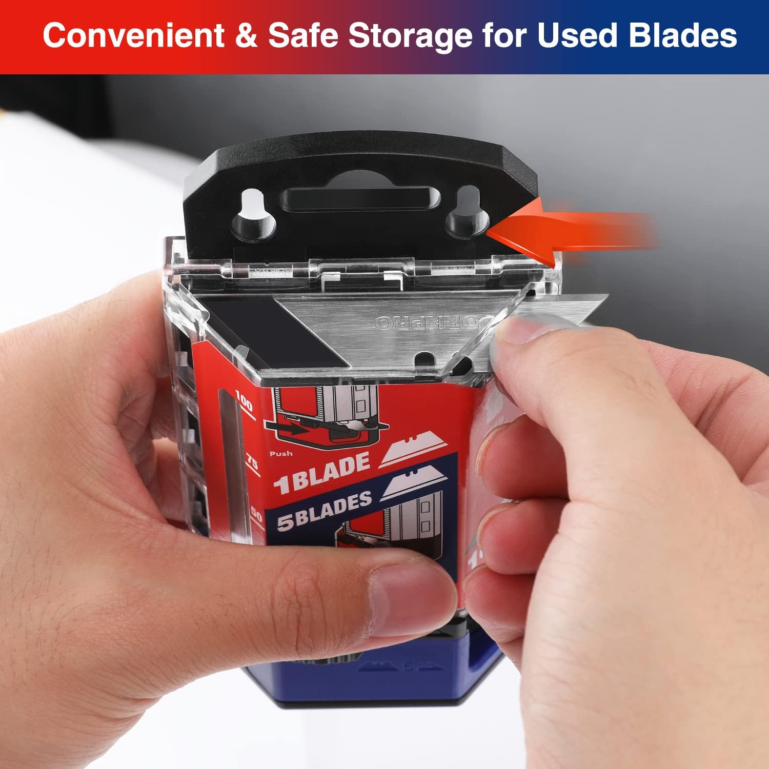 Utility knife blade dispenser with orange arrow showing safe storage for used blades