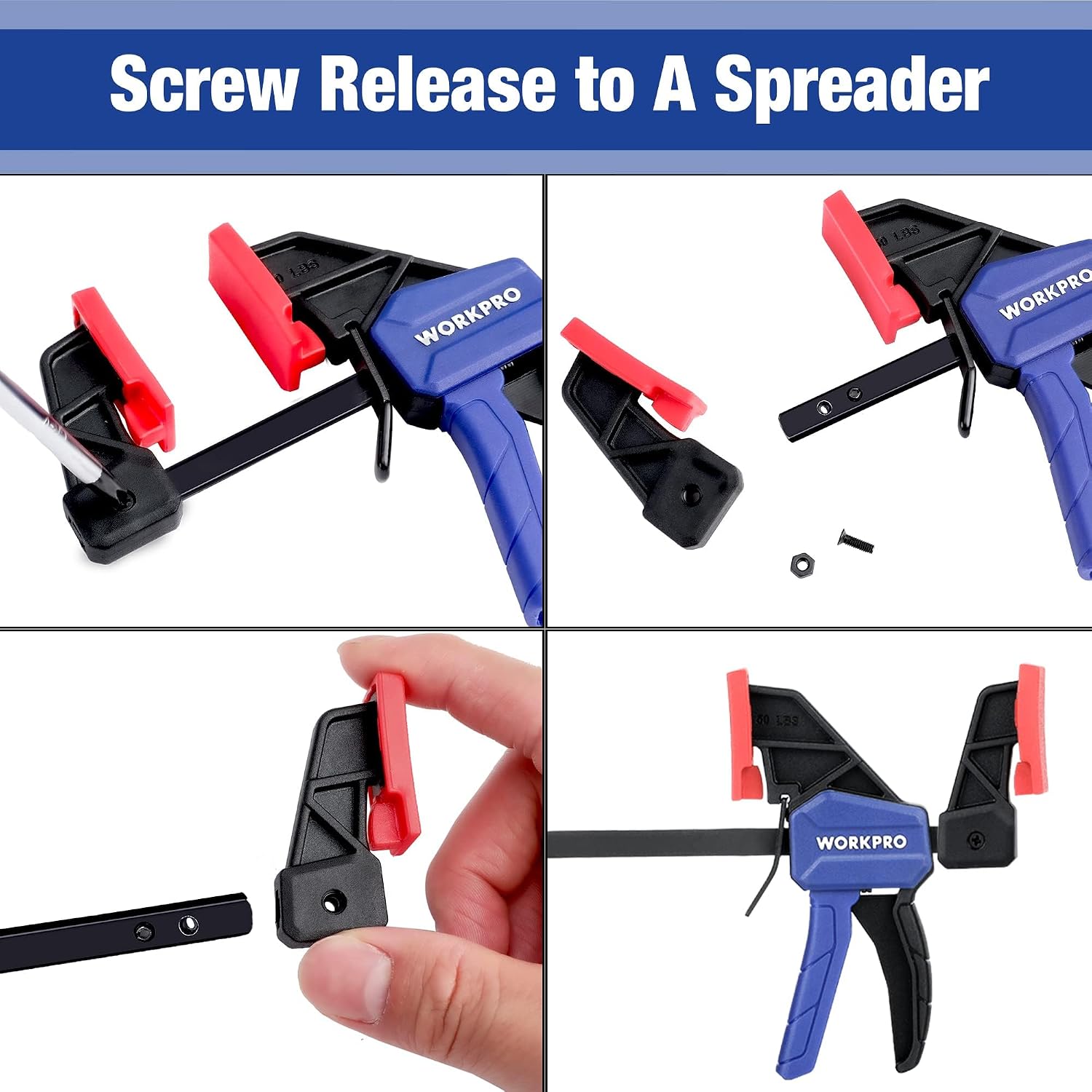 WORKPRO screw-release mini bar clamp, black jaw base with red end pads