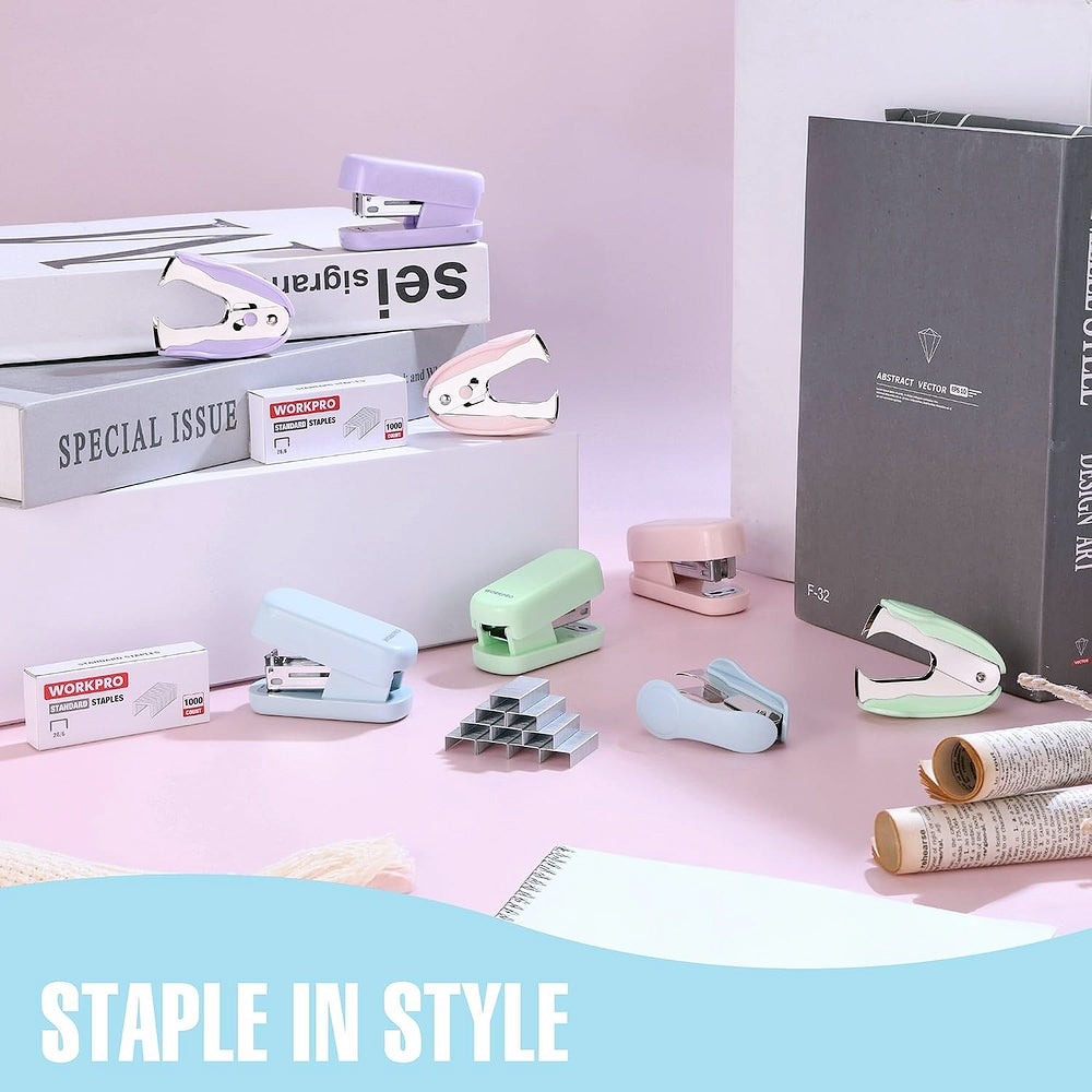 Multiple mini staplers in light blue and pastel colors with a staple tray and staples