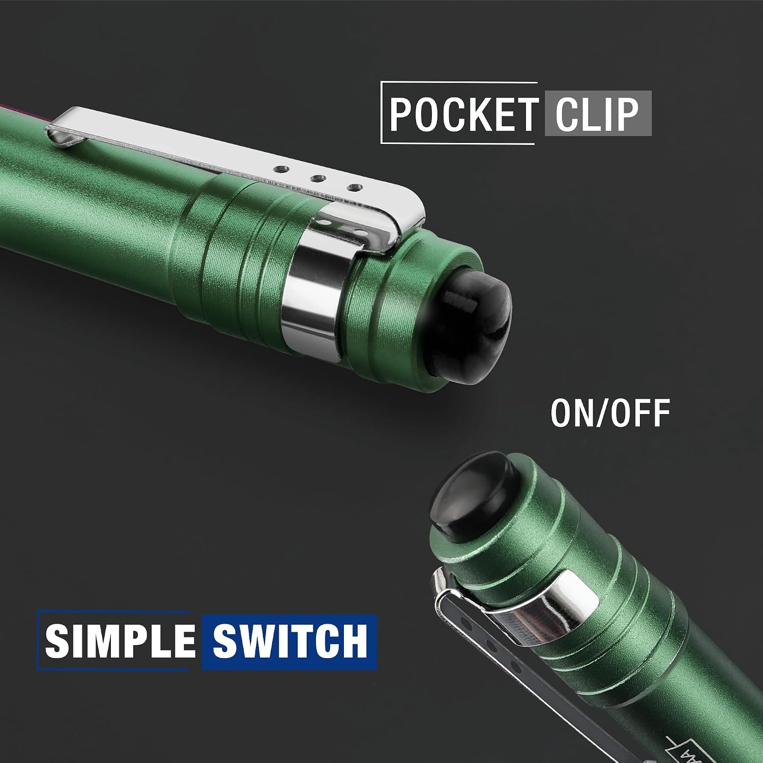 Green aluminum LED pen flashlight with pocket clip and switch, front lens