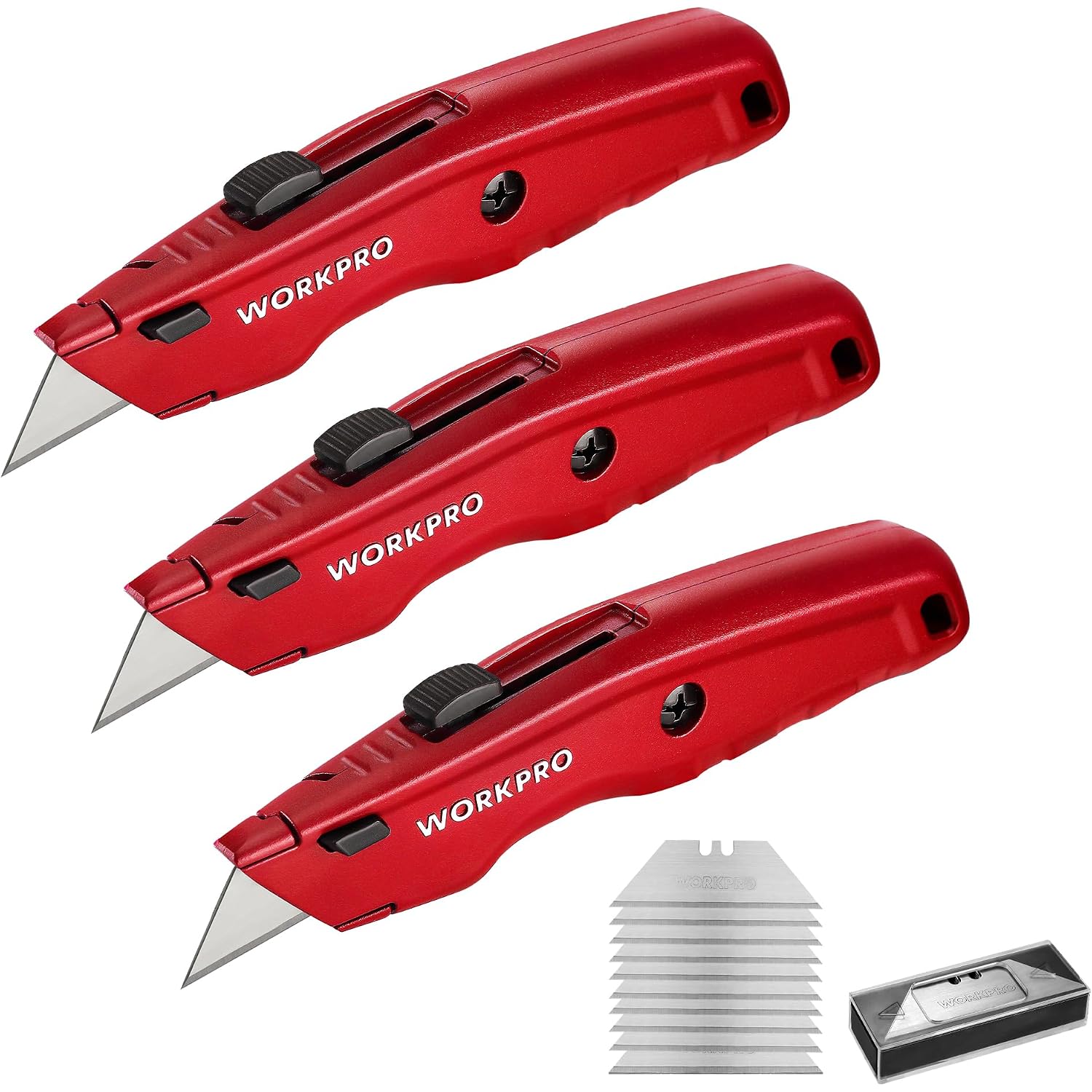 WORKPRO red retractable utility knives set with spare replacement blades