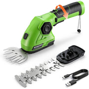 Green cordless grass and shrub trimmer kit with hedge blade, grass blade, and charging cable