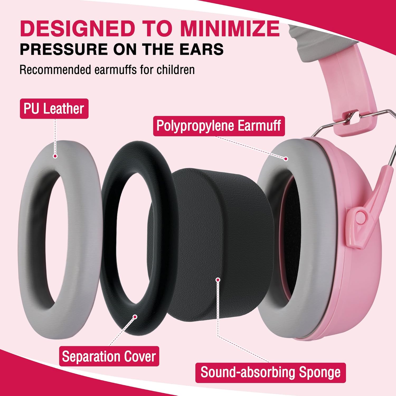 Pink over-ear ear muffs with gray foam pads and cushioned seals, parts shown.