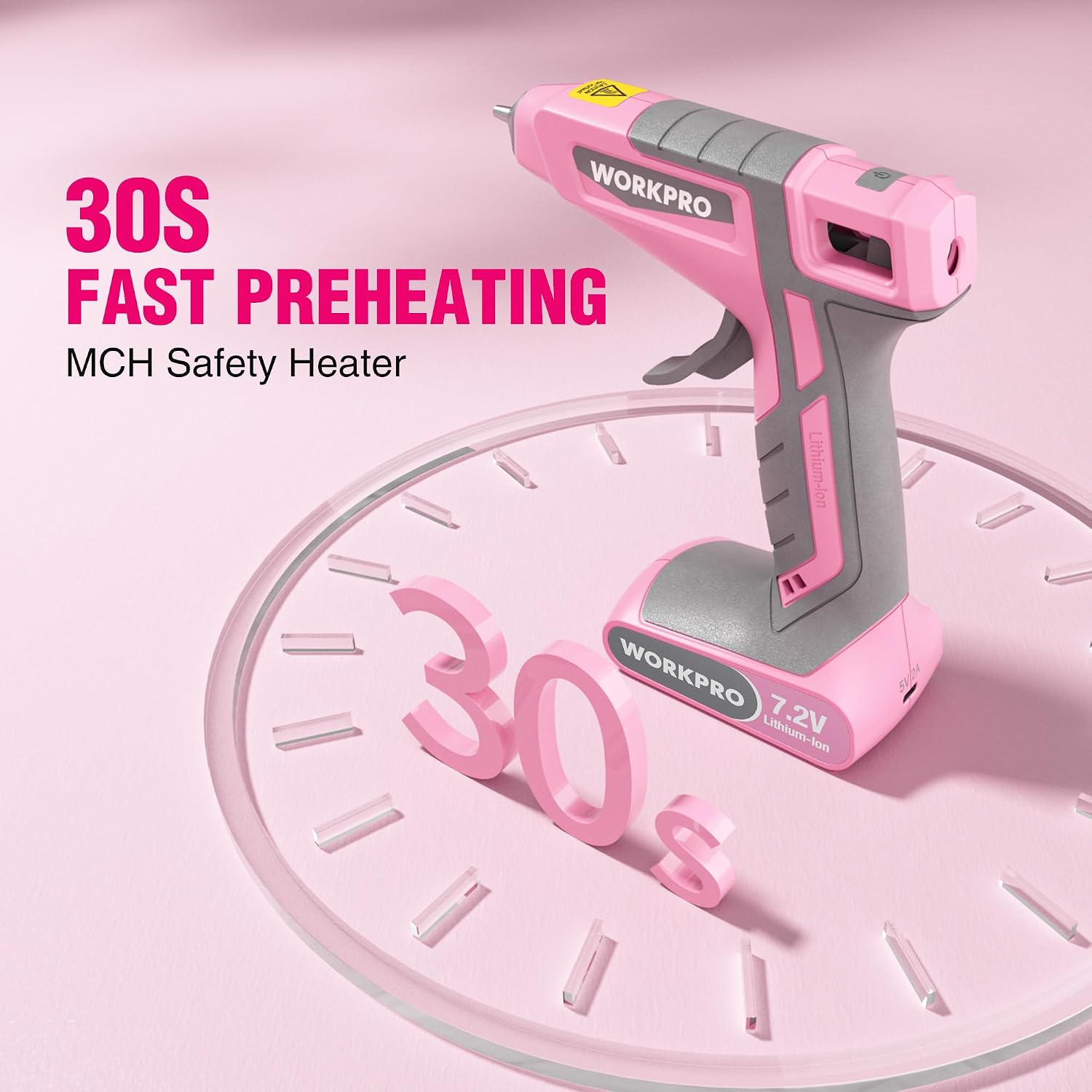 WORKPRO 7.2V cordless hot melt glue gun kit in pink with innovation, quality, secure, durable, convenient