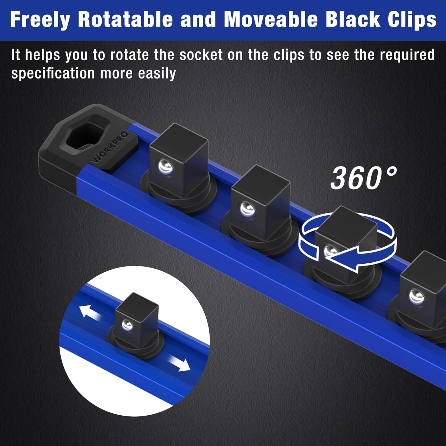 Rotatable socket organizer clips on blue magnetic rail with black holders