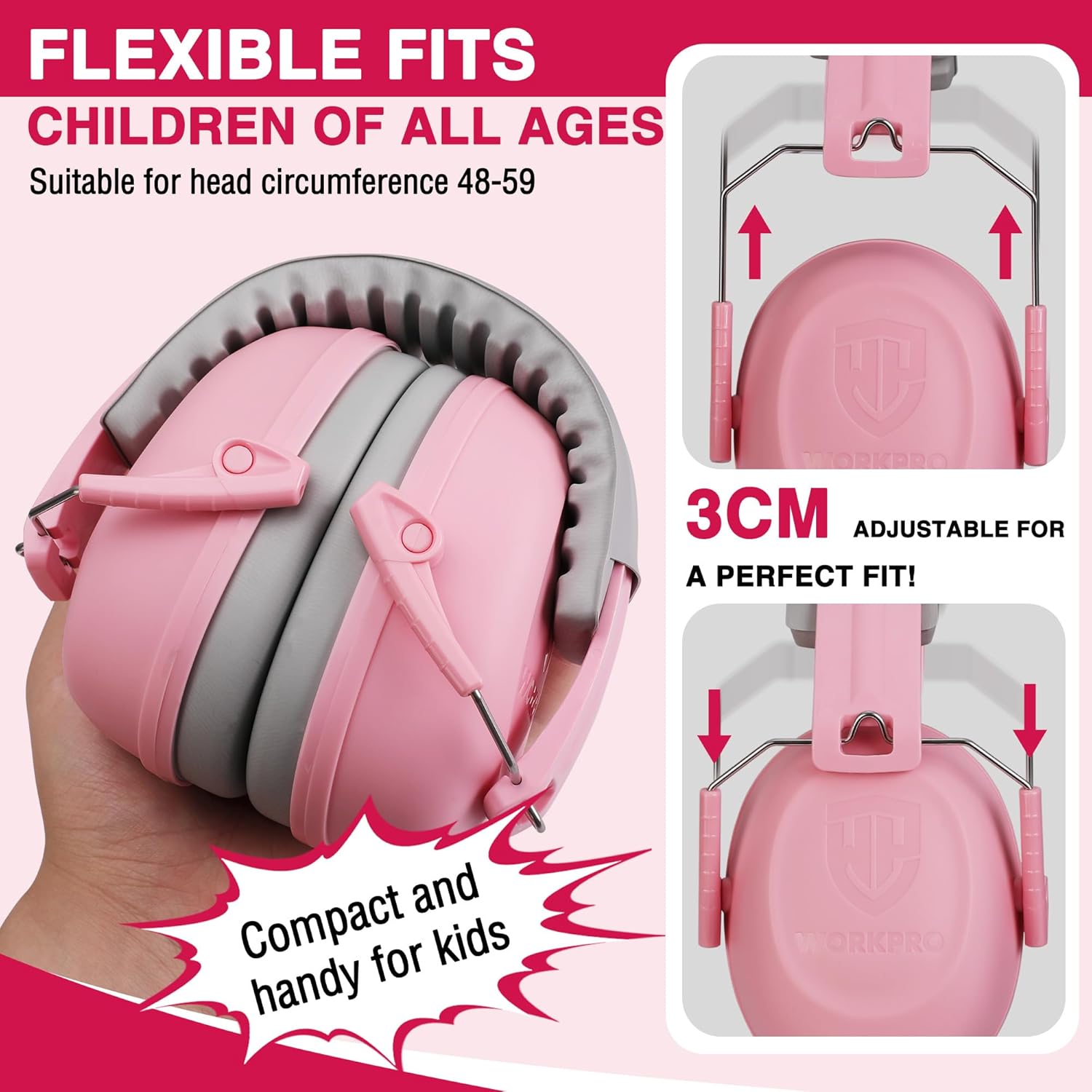 Kids ear defenders with adjustable pink headband and gray ear cushions, fit shown.