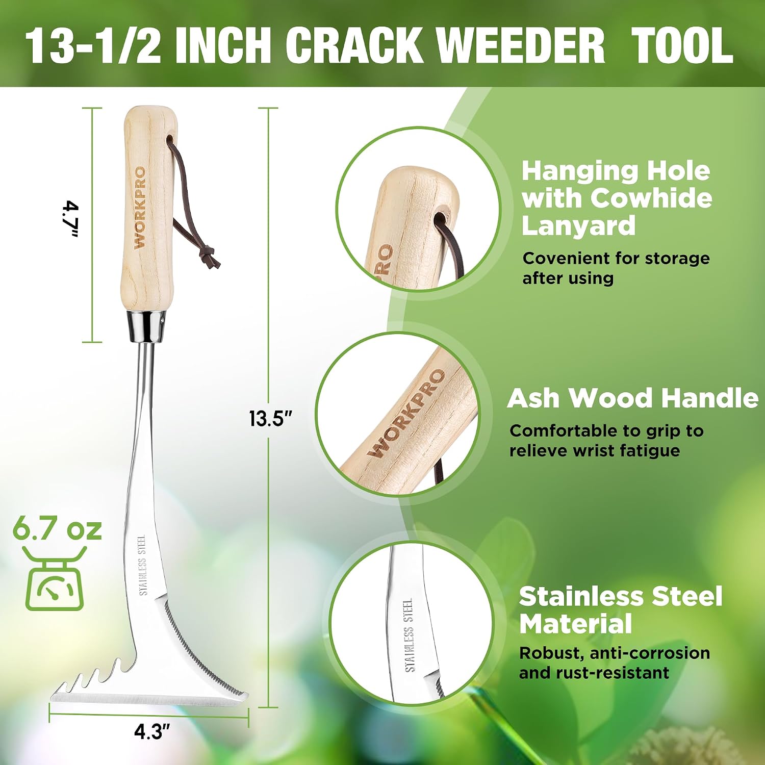 Crack weeder tool with ash wood handle and stainless steel L-shaped weeding blade