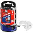Clear-top utility knife blade dispenser with loose replacement blades, front close-up