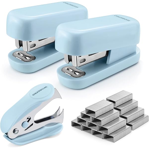 Blue mini stapler set with 2 small staplers, staple remover, and metal staples