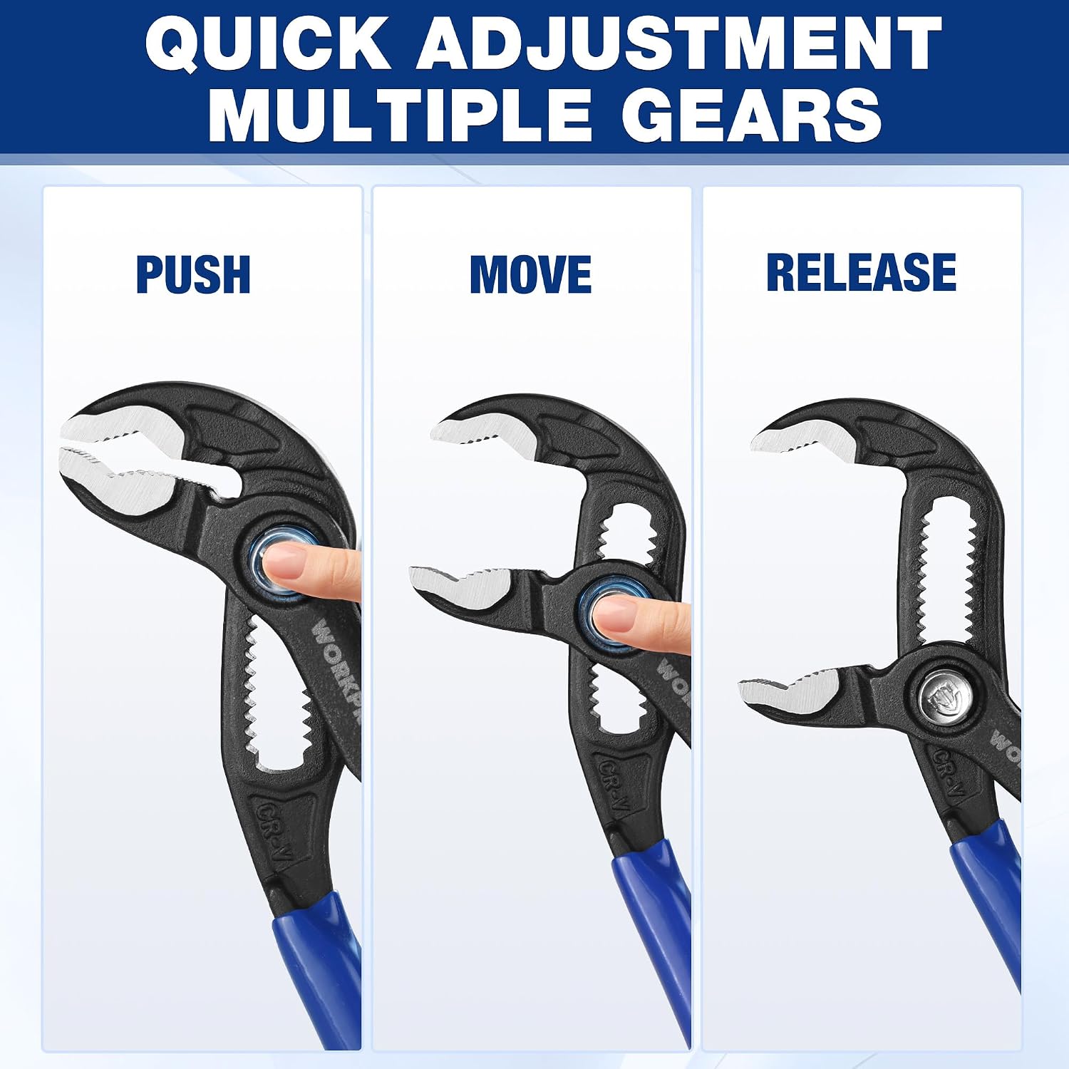 Black quick-release water pump pliers with multi-gear adjustment and blue handles