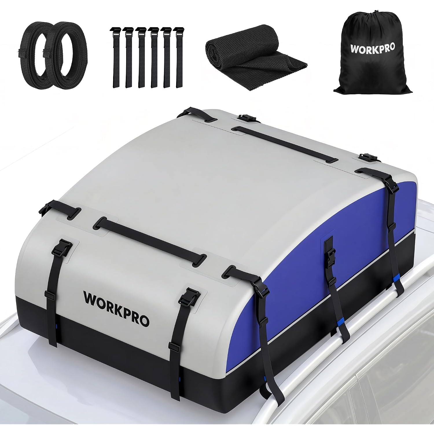 Rooftop cargo carrier bag with included hooks, straps, and storage bag accessories