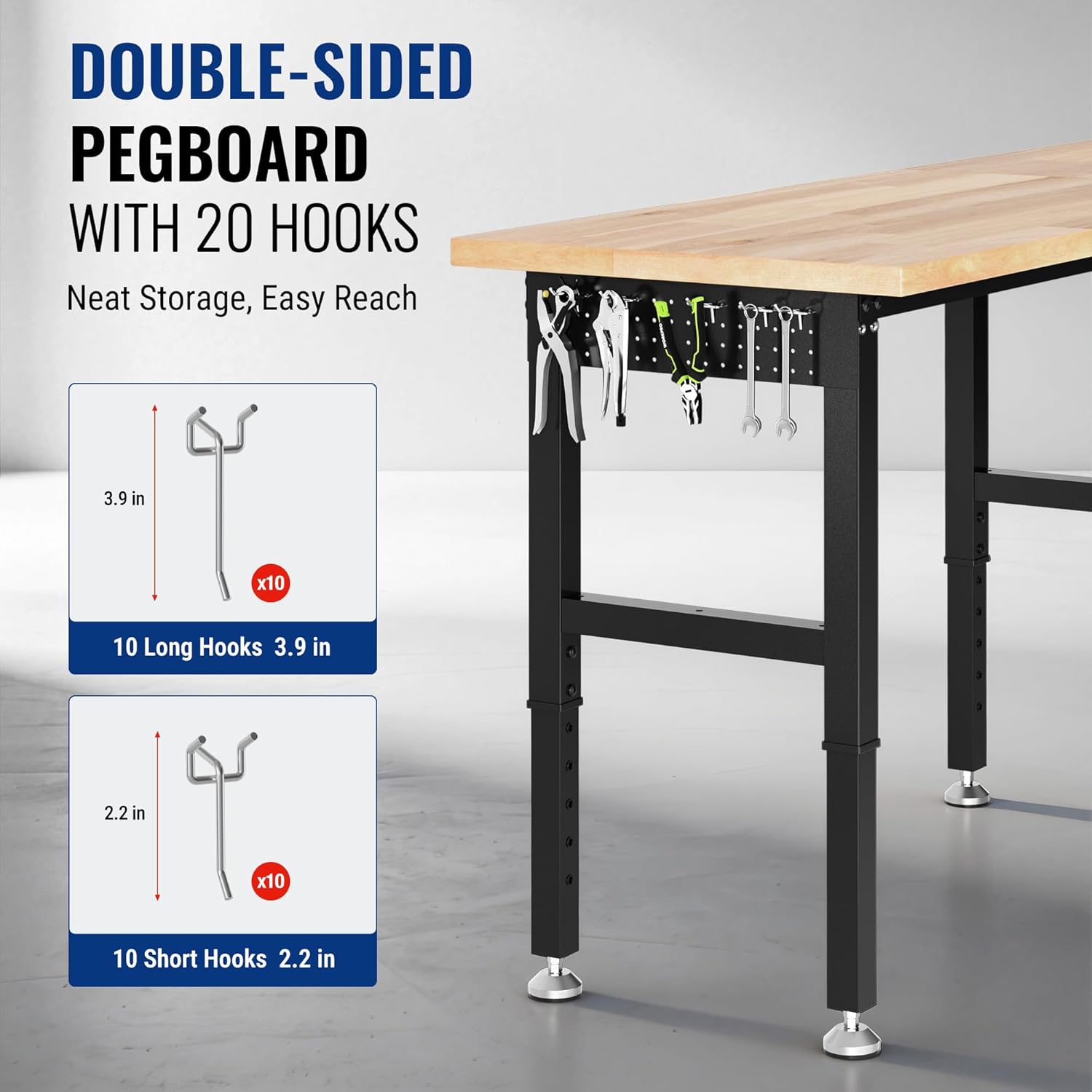 Workbench with double-sided pegboard and hooks, light wood tabletop and black legs