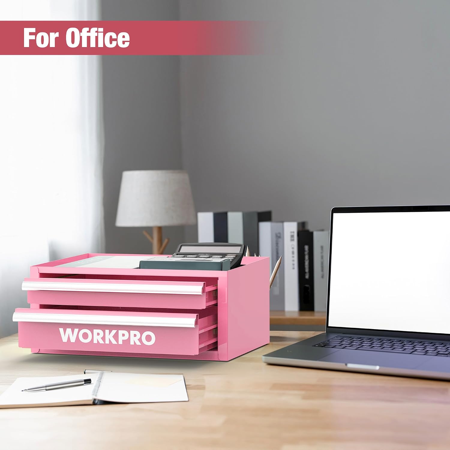WORKPRO Portable & 12.5" Mini Metal Tool Box, Top Tool Chest Containing Two Drawers - Pink Ribbon