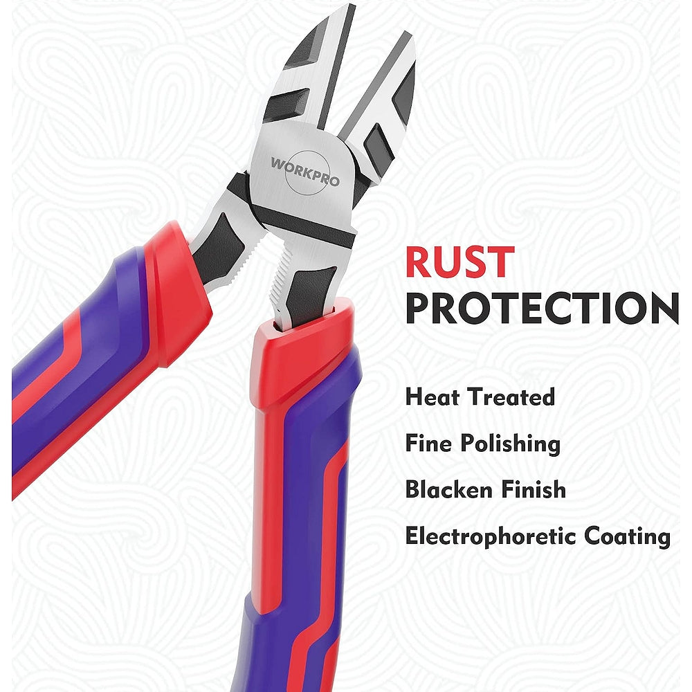 Diagonal pliers with red and blue handles and black jaws for rust protection