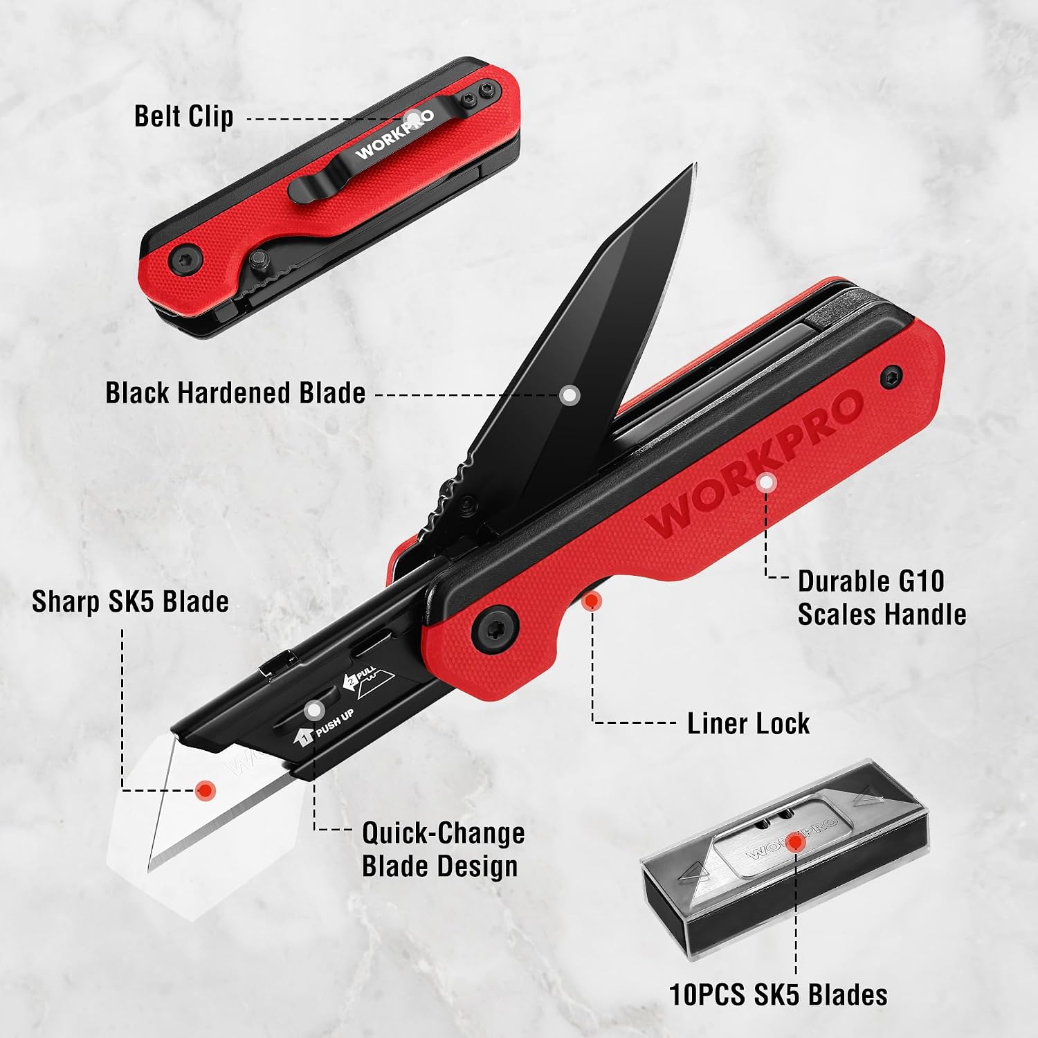 WORKPRO 2-in-1 Folding Knife, Quick-Change Box Cutter with Belt Clip, Liner Lock, and G10 Handle, Extra 10 SK5 Blades Included, Red