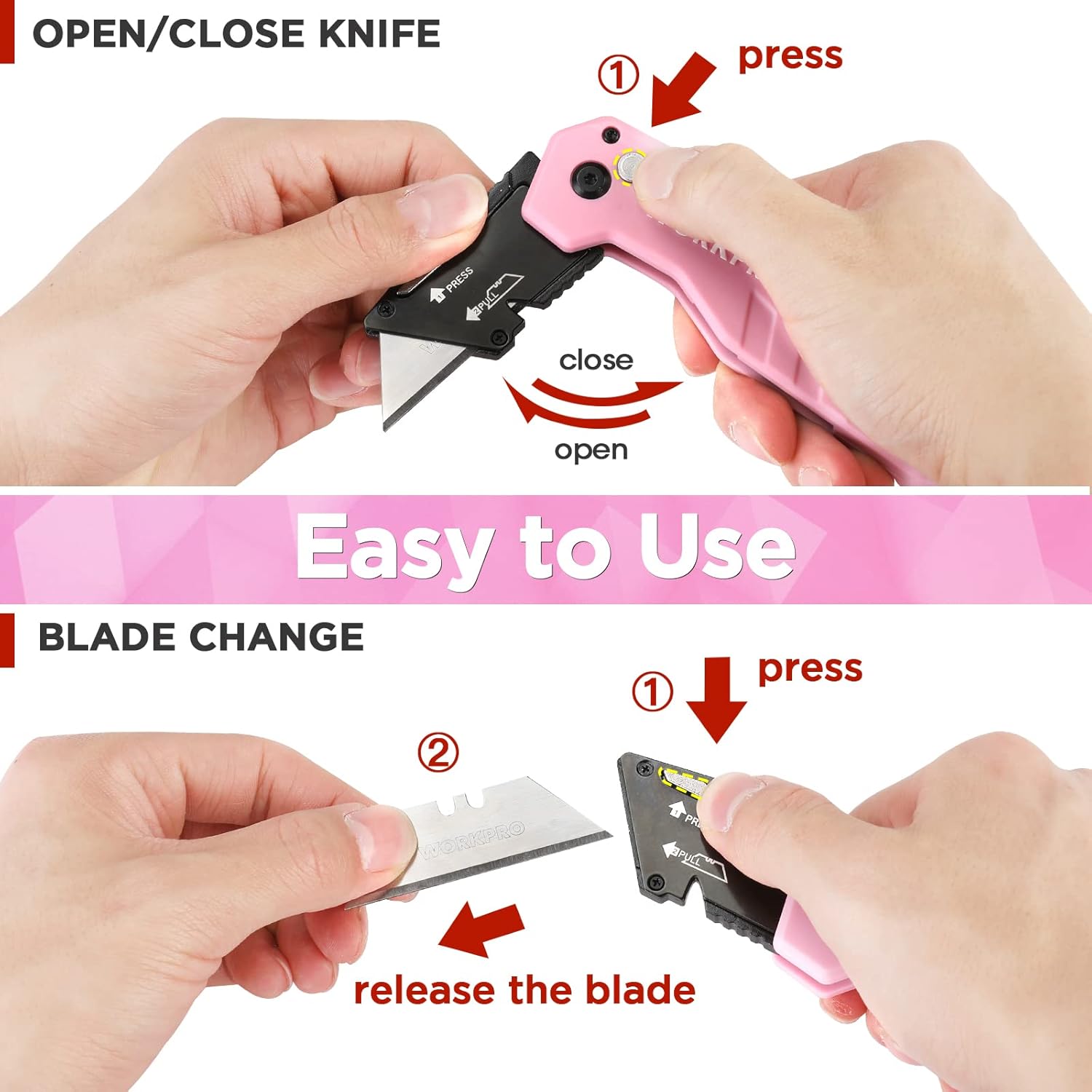 Folding utility knife showing open/close controls and blade release for SK5 blades